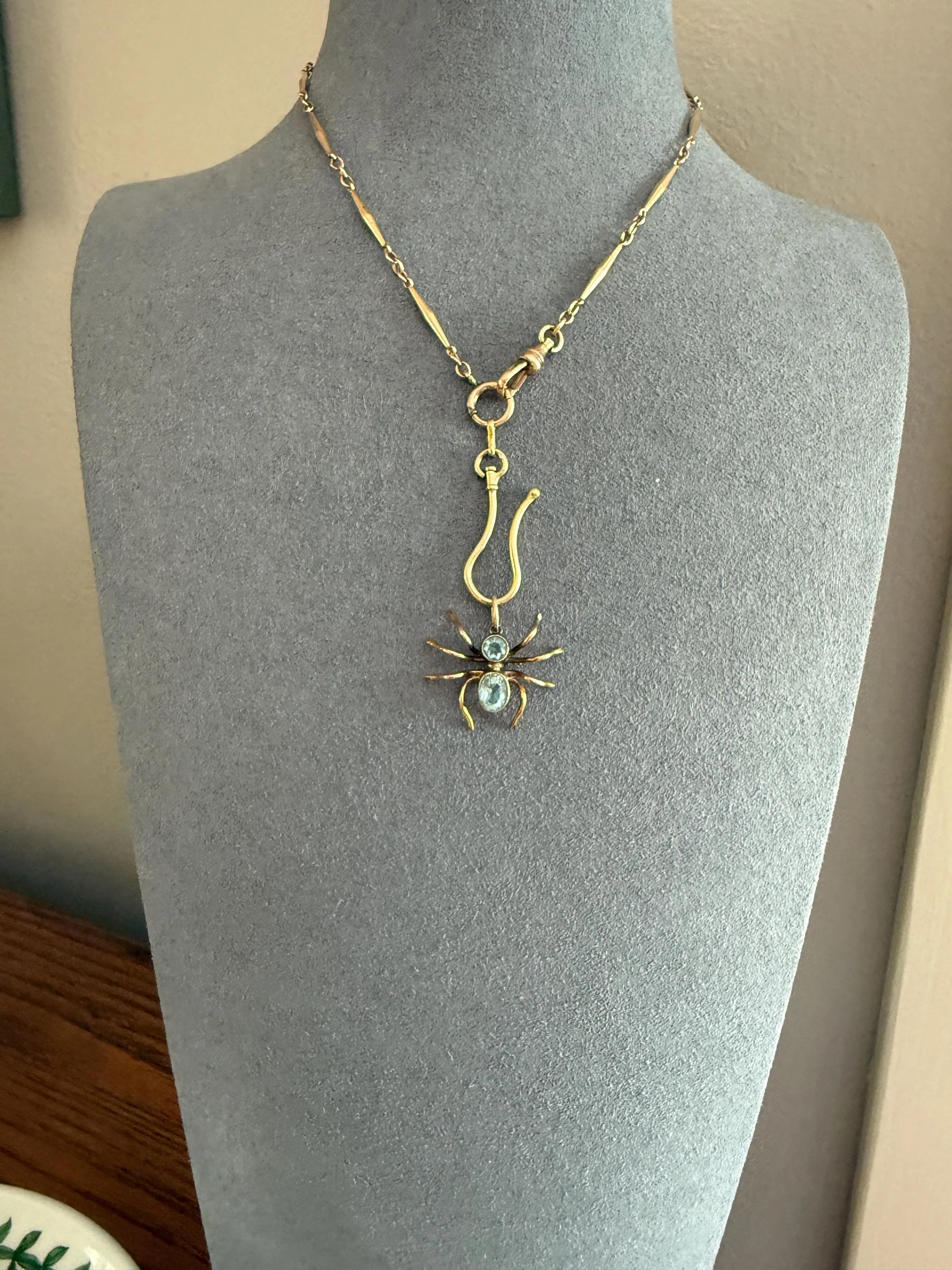 SPIDER Victorian Antique Figural 10k Gold Light Blue Paste Aquamarine Pendant Bugs Insects - Image 12