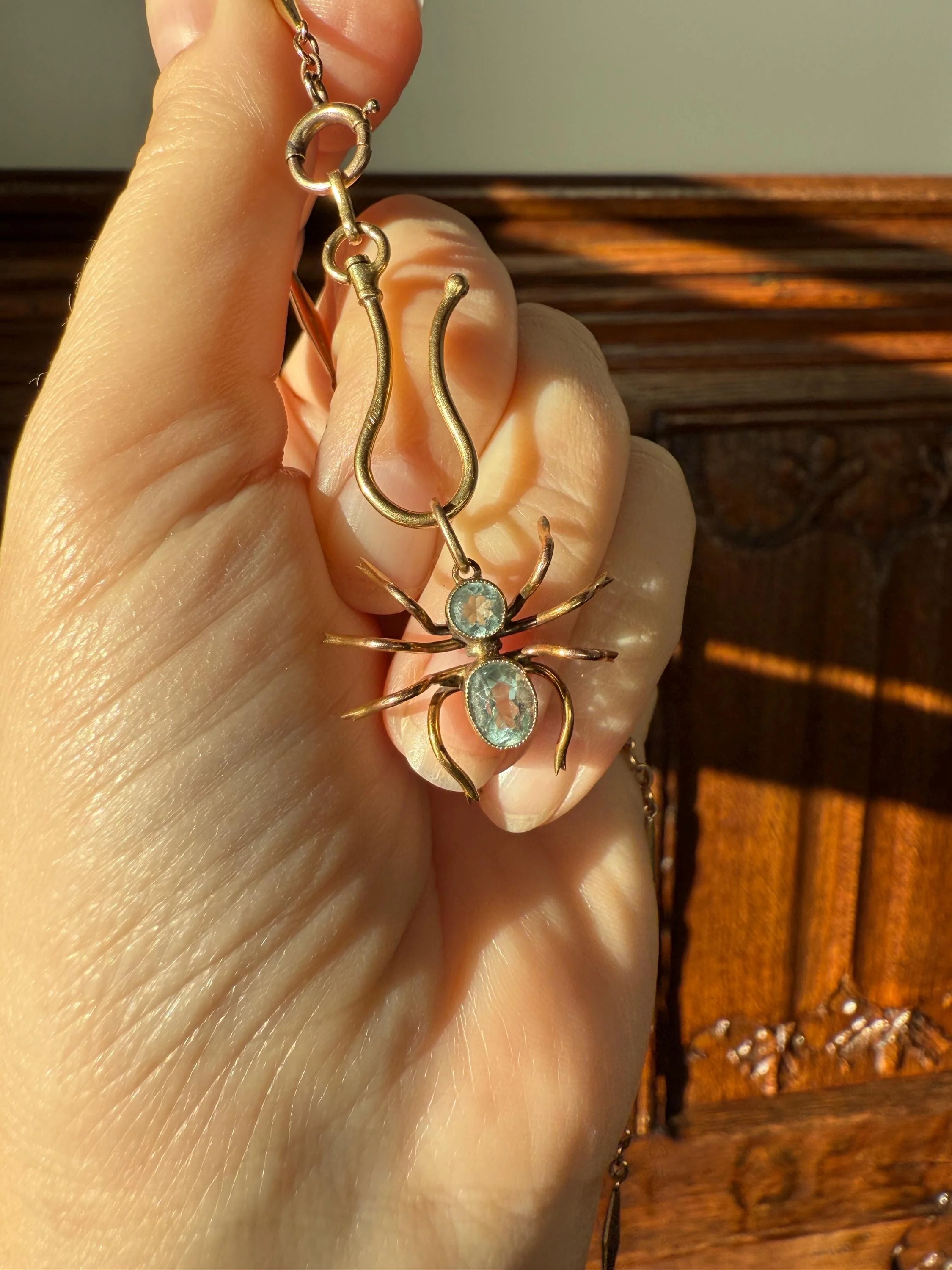 SPIDER Victorian Antique Figural 10k Gold Light Blue Paste Aquamarine Pendant Bugs Insects - Image 13