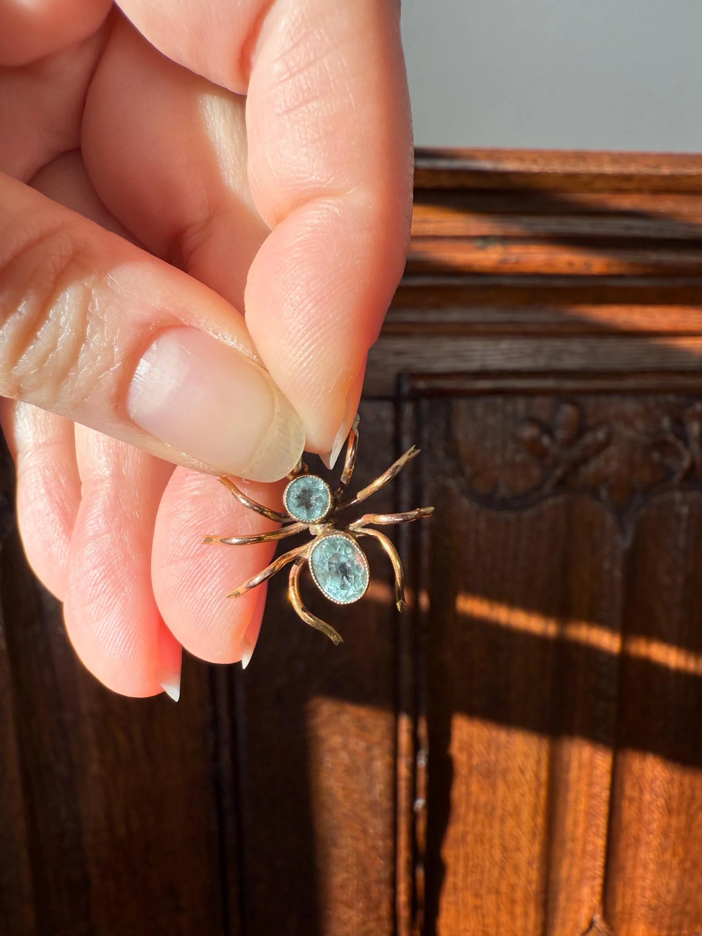 SPIDER Victorian Antique Figural 10k Gold Light Blue Paste Aquamarine Pendant Bugs Insects - Image 14