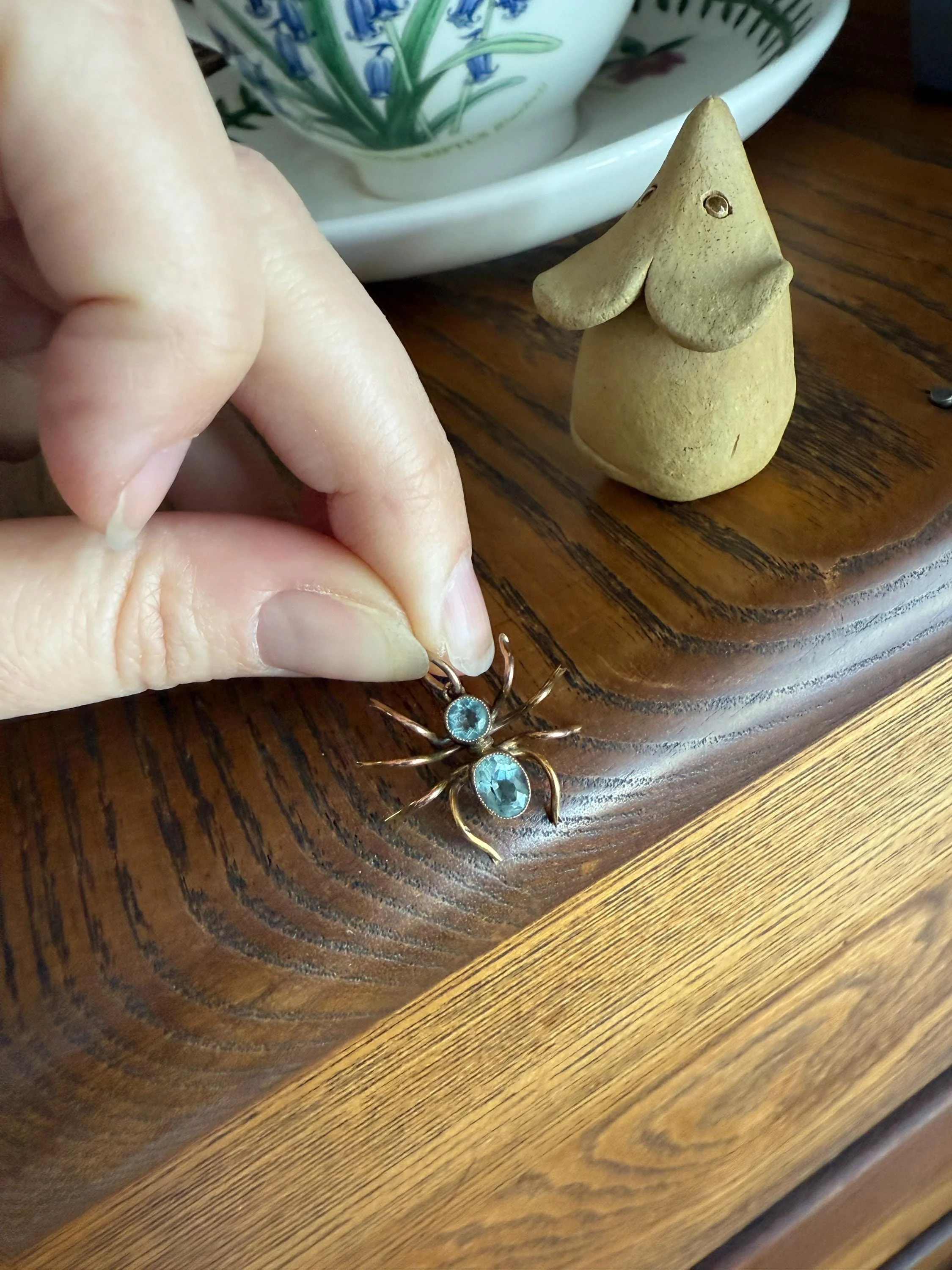 SPIDER Victorian Antique Figural 10k Gold Light Blue Paste Aquamarine Pendant Bugs Insects - Image 16