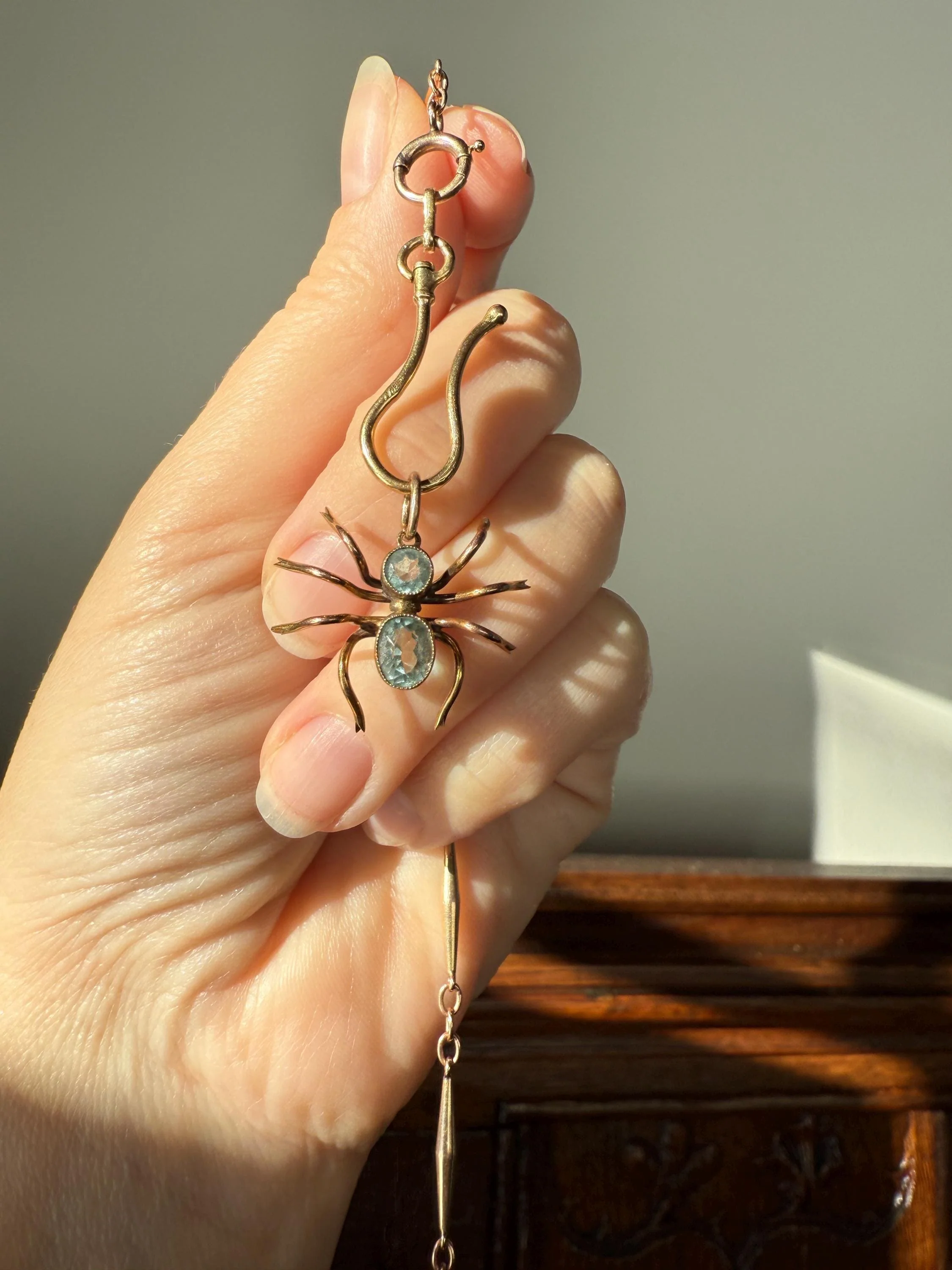 SPIDER Victorian Antique Figural 10k Gold Light Blue Paste Aquamarine Pendant Bugs Insects - Image 18