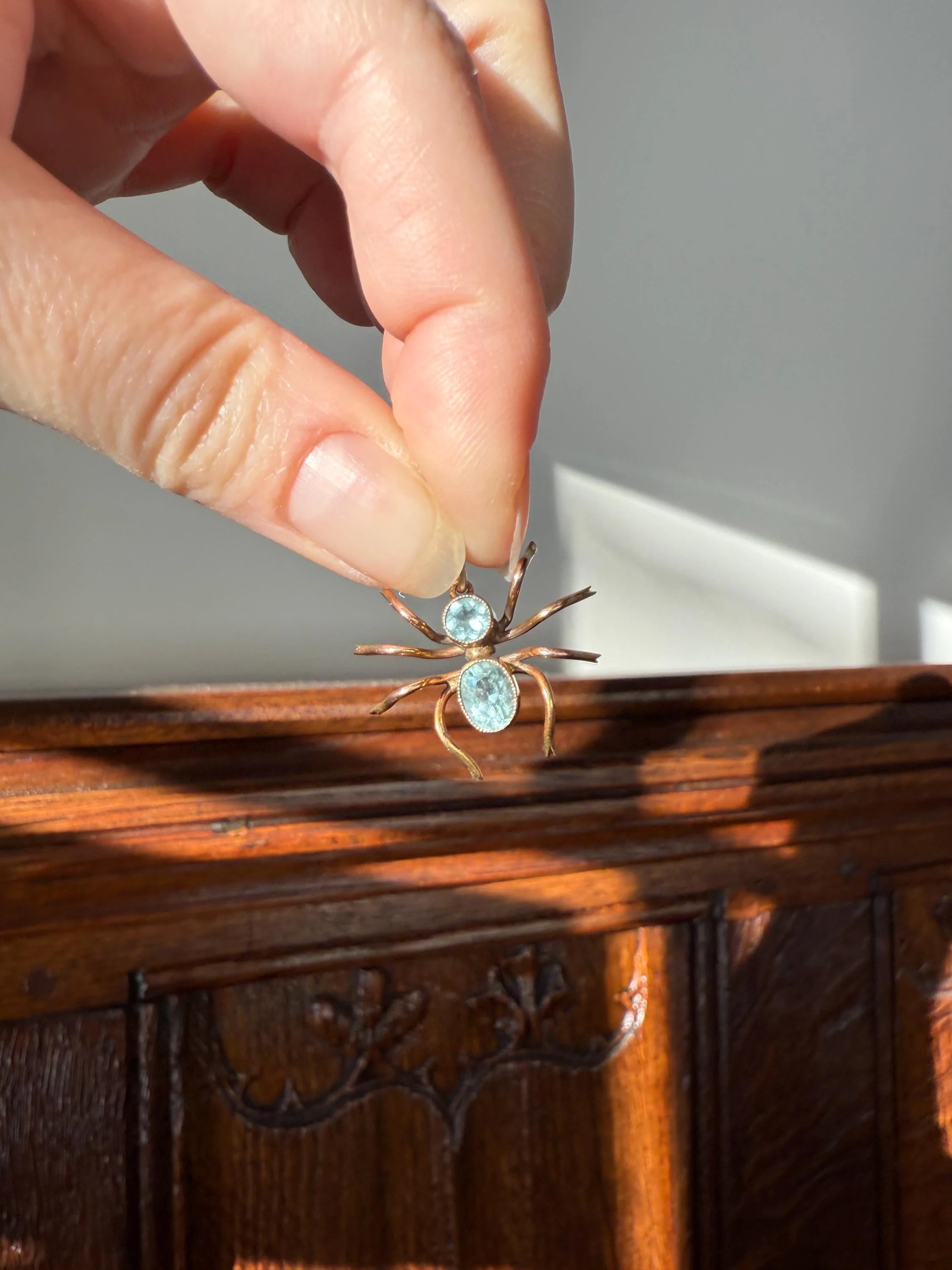 SPIDER Victorian Antique Figural 10k Gold Light Blue Paste Aquamarine Pendant Bugs Insects - Image 19