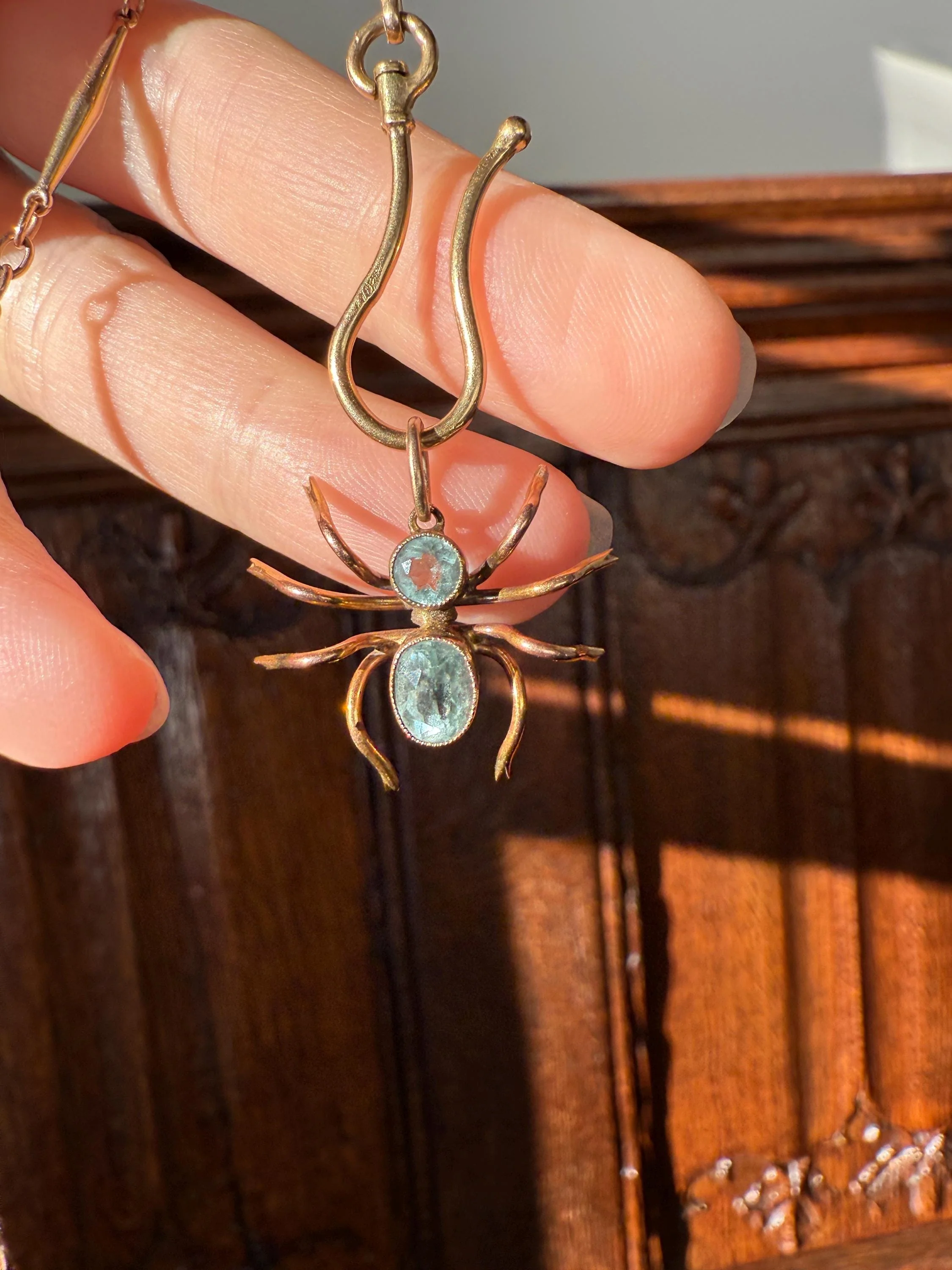 SPIDER Victorian Antique Figural 10k Gold Light Blue Paste Aquamarine Pendant Bugs Insects - Image 2