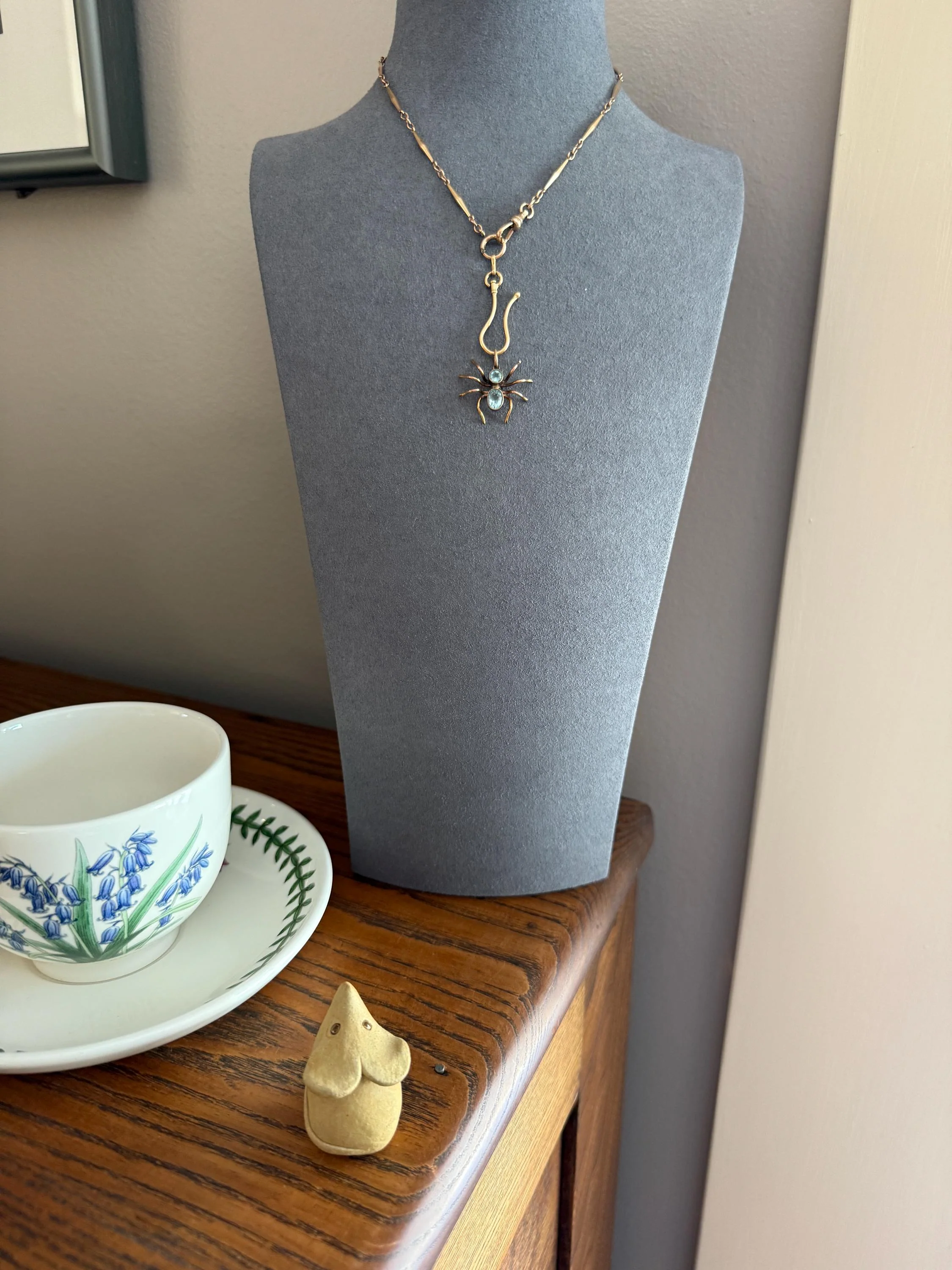 SPIDER Victorian Antique Figural 10k Gold Light Blue Paste Aquamarine Pendant Bugs Insects - Image 4