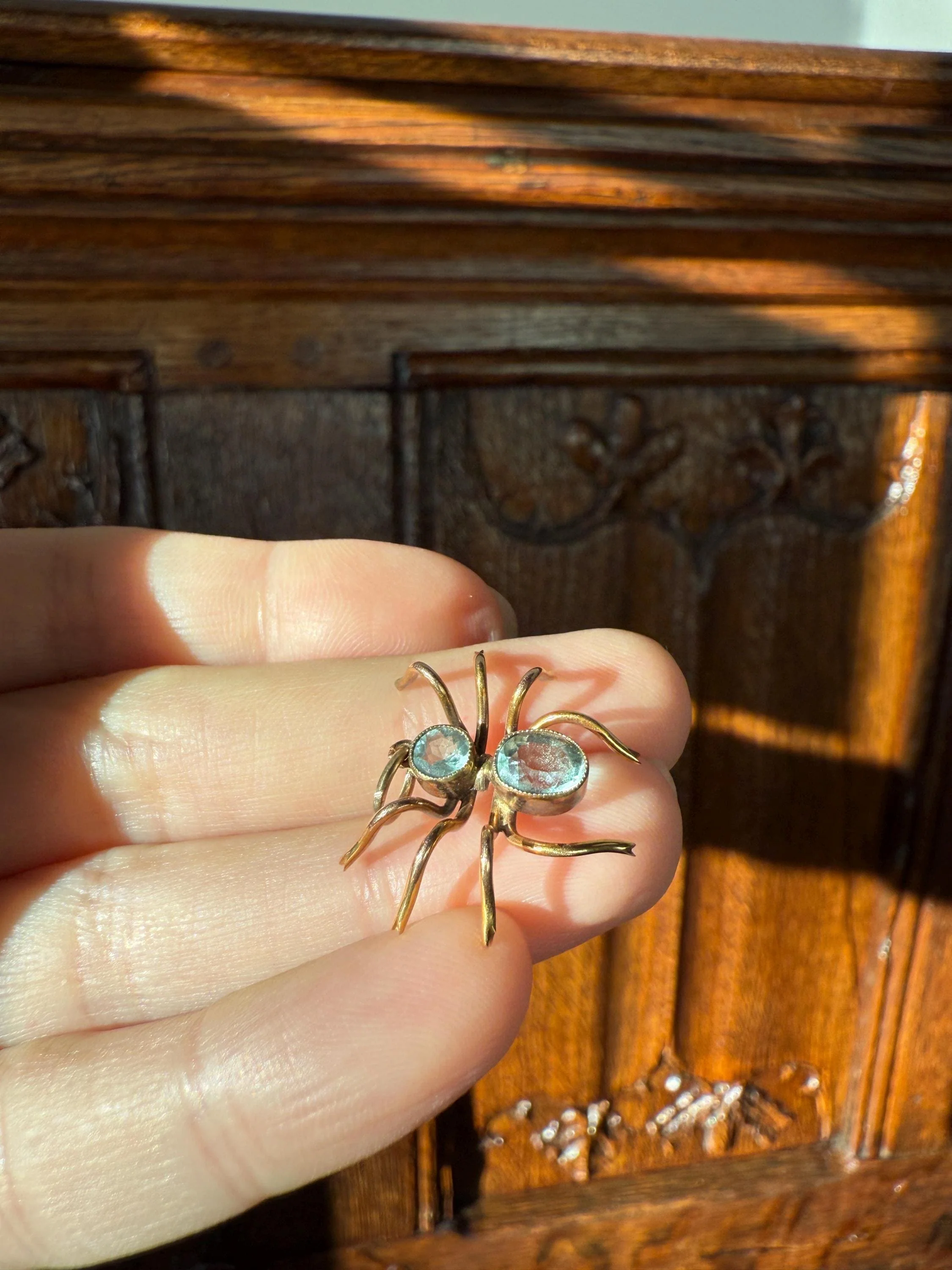 SPIDER Victorian Antique Figural 10k Gold Light Blue Paste Aquamarine Pendant Bugs Insects - Image 6