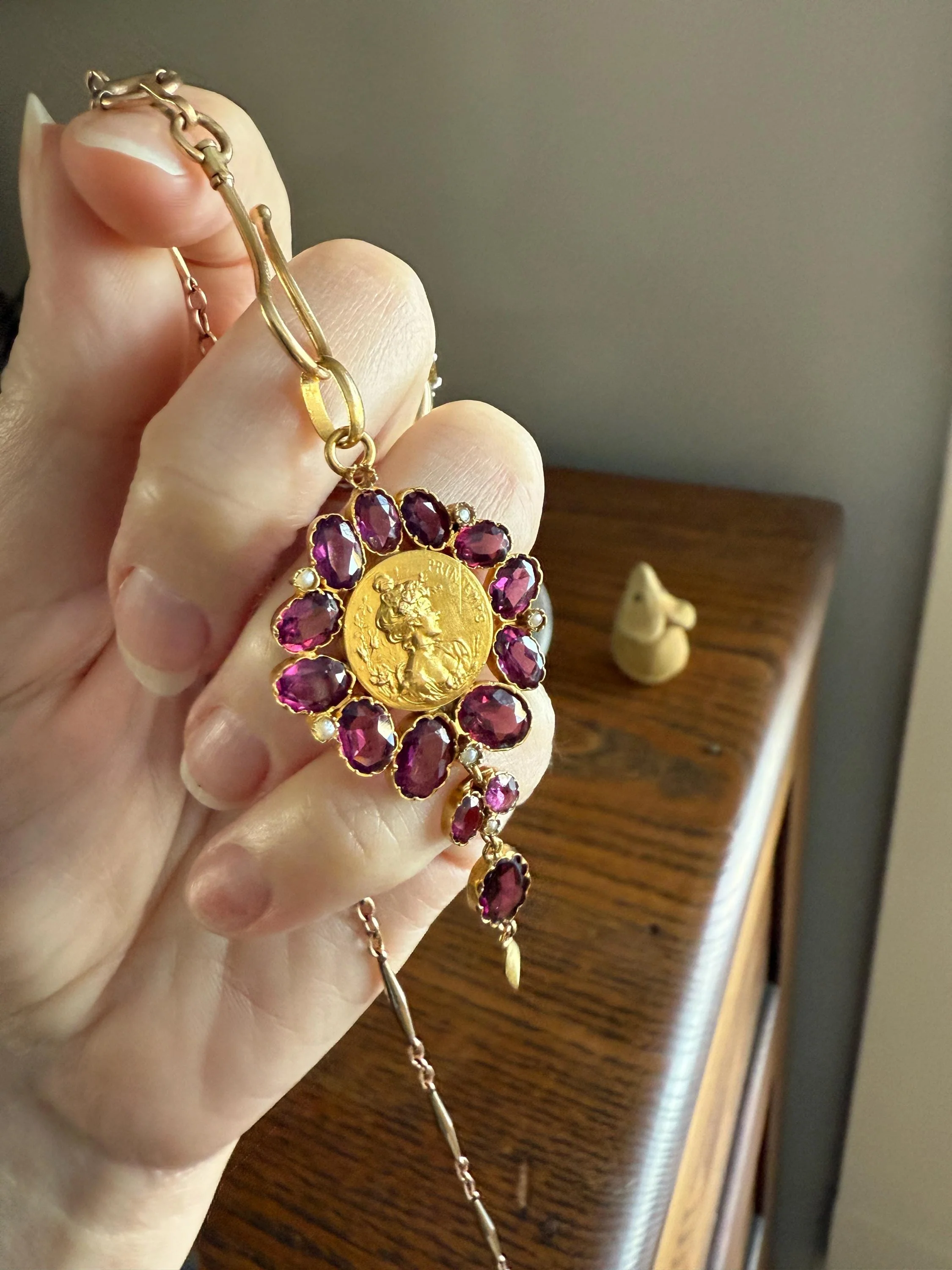 SPRING Floral Antique Purple Garnet Halo Art Nouveau Woman FRENCH 18k Gold Pendant FIGURAL Pearl Victorian Belle Epoque Lifelike - Image 10