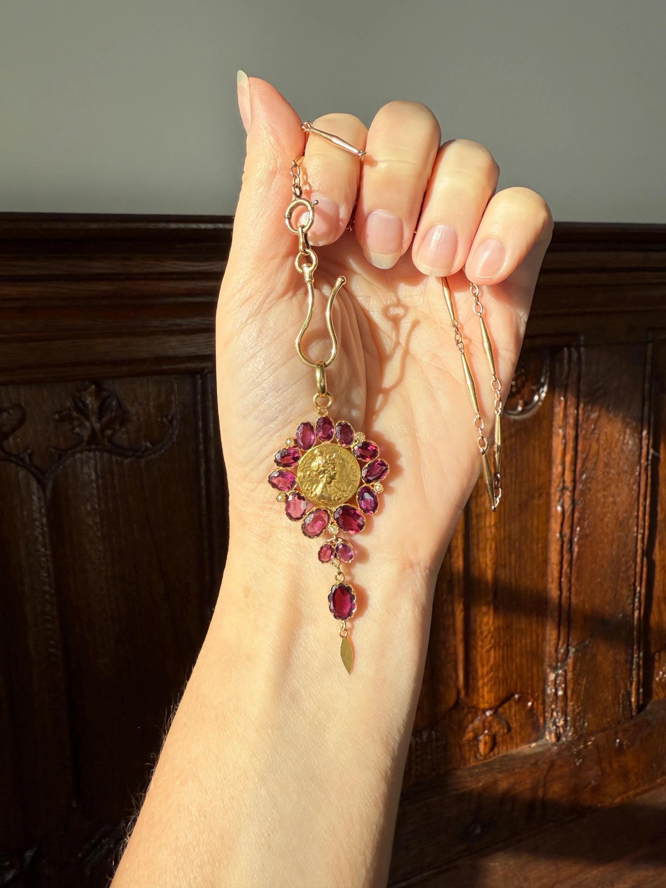 SPRING Floral Antique Purple Garnet Halo Art Nouveau Woman FRENCH 18k Gold Pendant FIGURAL Pearl Victorian Belle Epoque Lifelike - Image 11