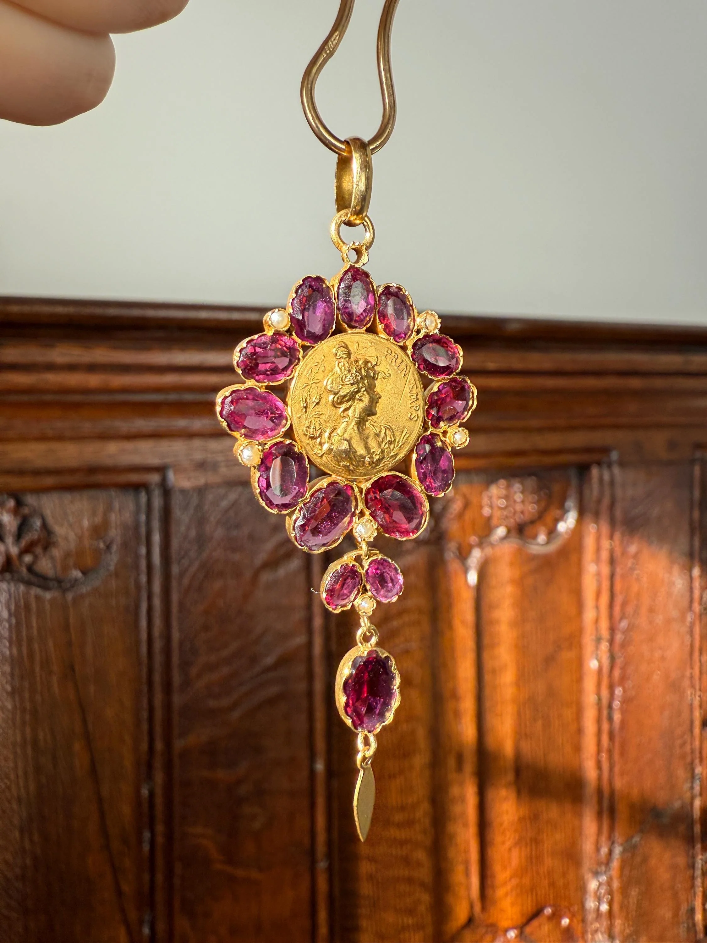 SPRING Floral Antique Purple Garnet Halo Art Nouveau Woman FRENCH 18k Gold Pendant FIGURAL Pearl Victorian Belle Epoque Lifelike - Image 12