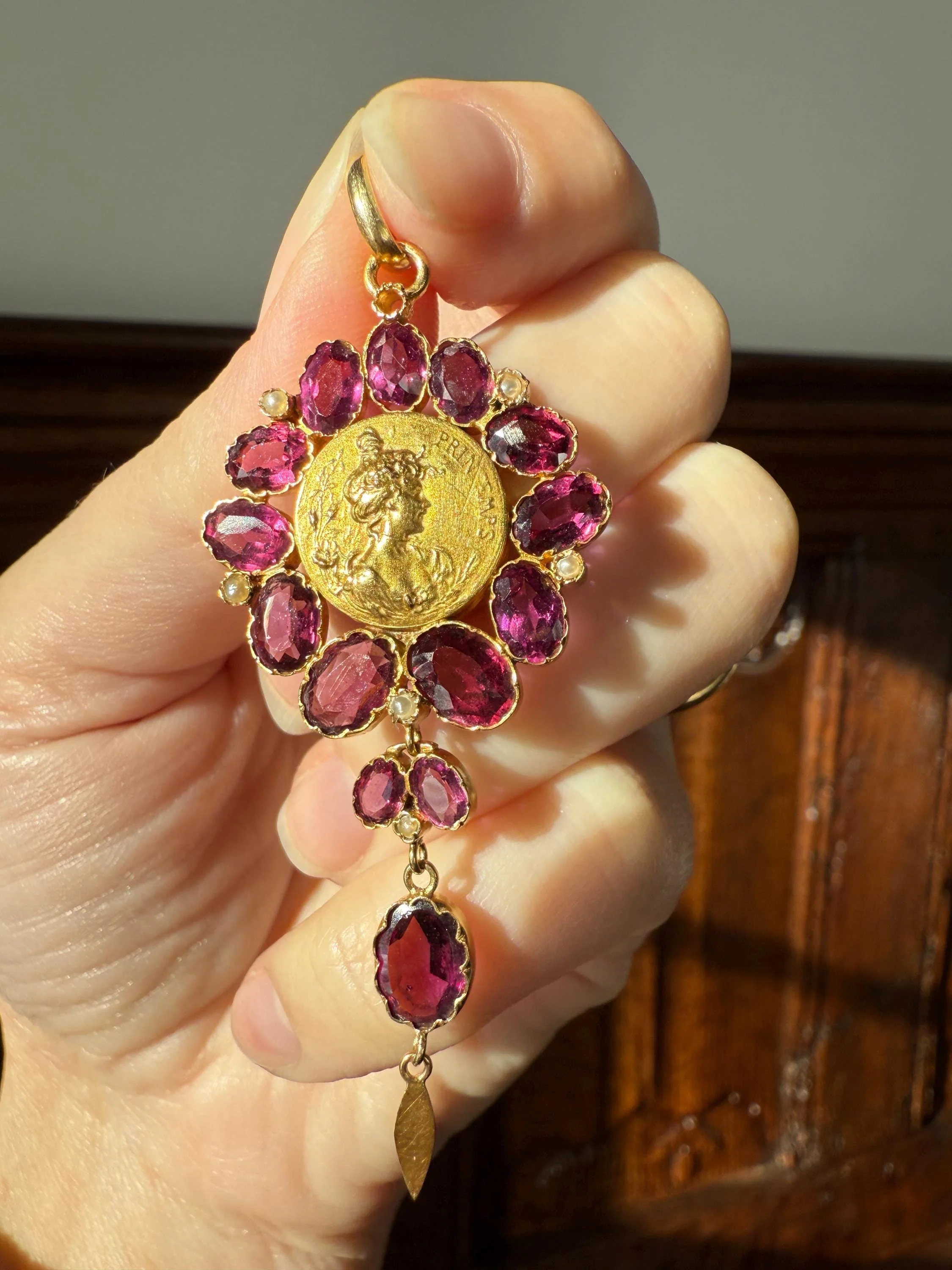 SPRING Floral Antique Purple Garnet Halo Art Nouveau Woman FRENCH 18k Gold Pendant FIGURAL Pearl Victorian Belle Epoque Lifelike - Image 13