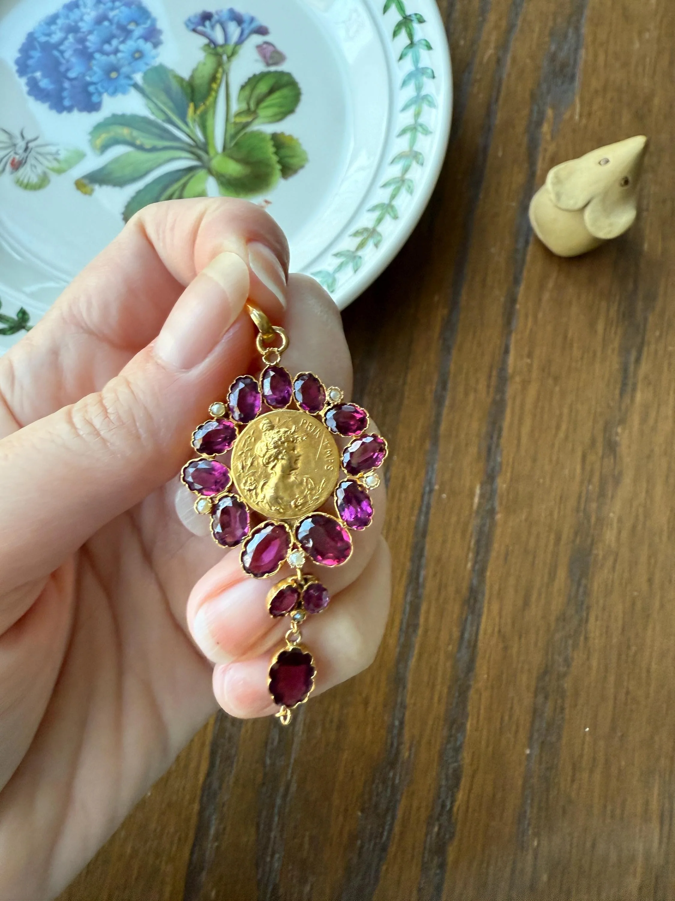 SPRING Floral Antique Purple Garnet Halo Art Nouveau Woman FRENCH 18k Gold Pendant FIGURAL Pearl Victorian Belle Epoque Lifelike - Image 14