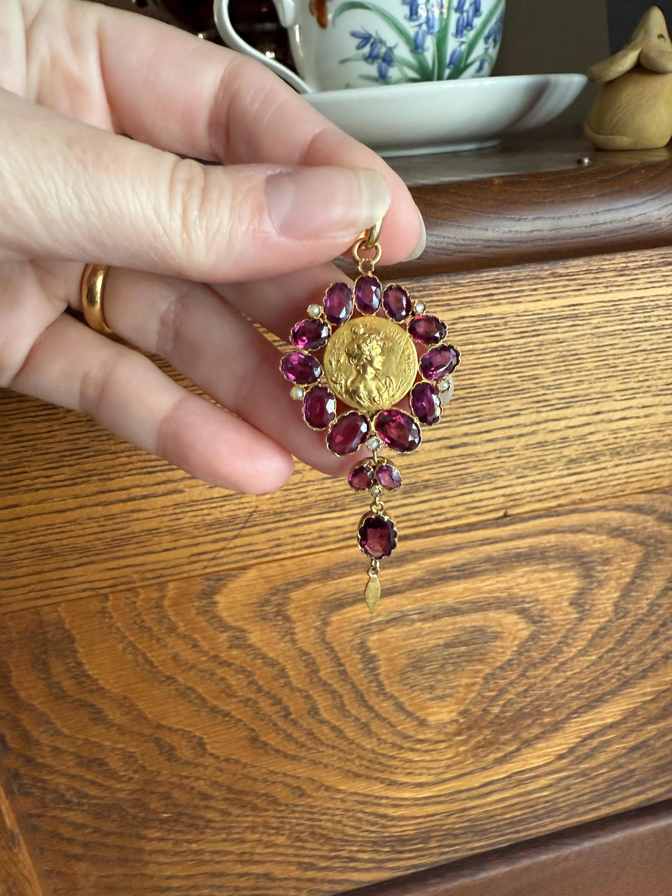 SPRING Floral Antique Purple Garnet Halo Art Nouveau Woman FRENCH 18k Gold Pendant FIGURAL Pearl Victorian Belle Epoque Lifelike - Image 15