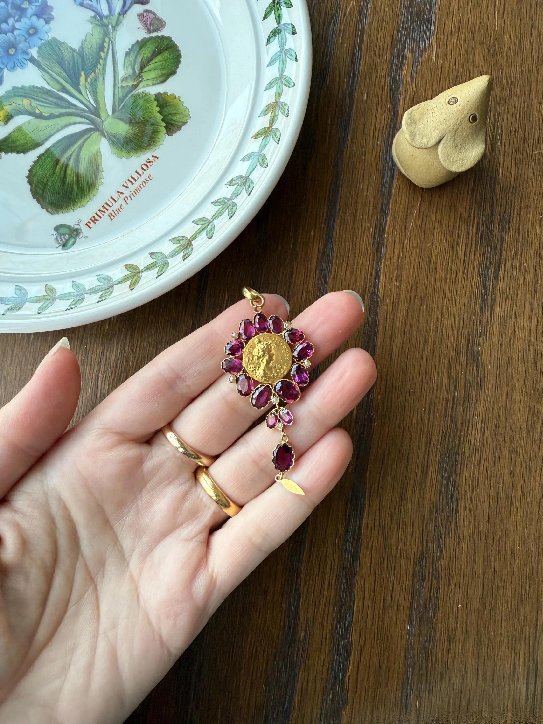 SPRING Floral Antique Purple Garnet Halo Art Nouveau Woman FRENCH 18k Gold Pendant FIGURAL Pearl Victorian Belle Epoque Lifelike - Image 16