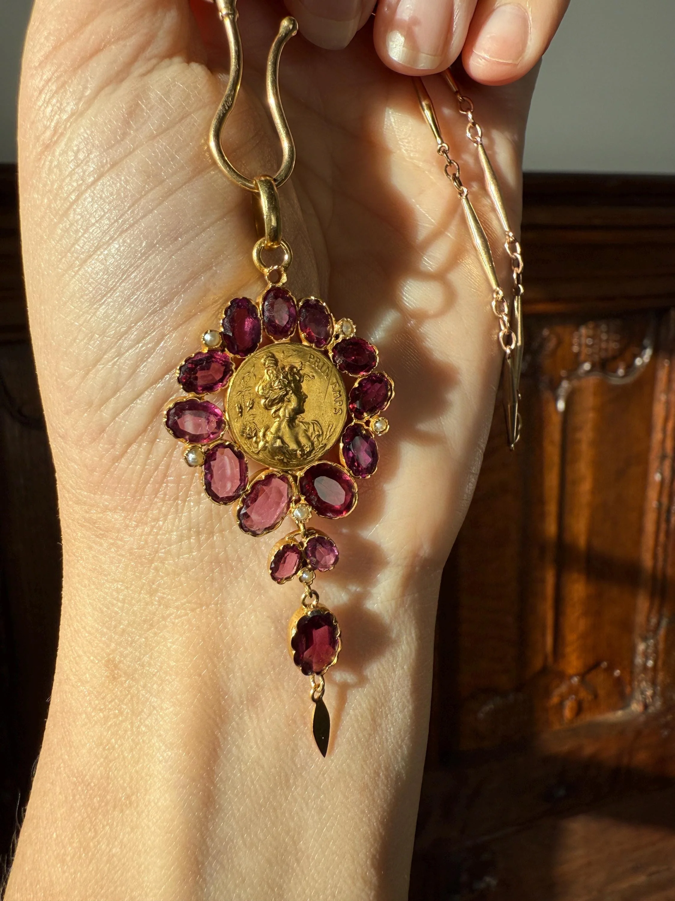 SPRING Floral Antique Purple Garnet Halo Art Nouveau Woman FRENCH 18k Gold Pendant FIGURAL Pearl Victorian Belle Epoque Lifelike - Image 17