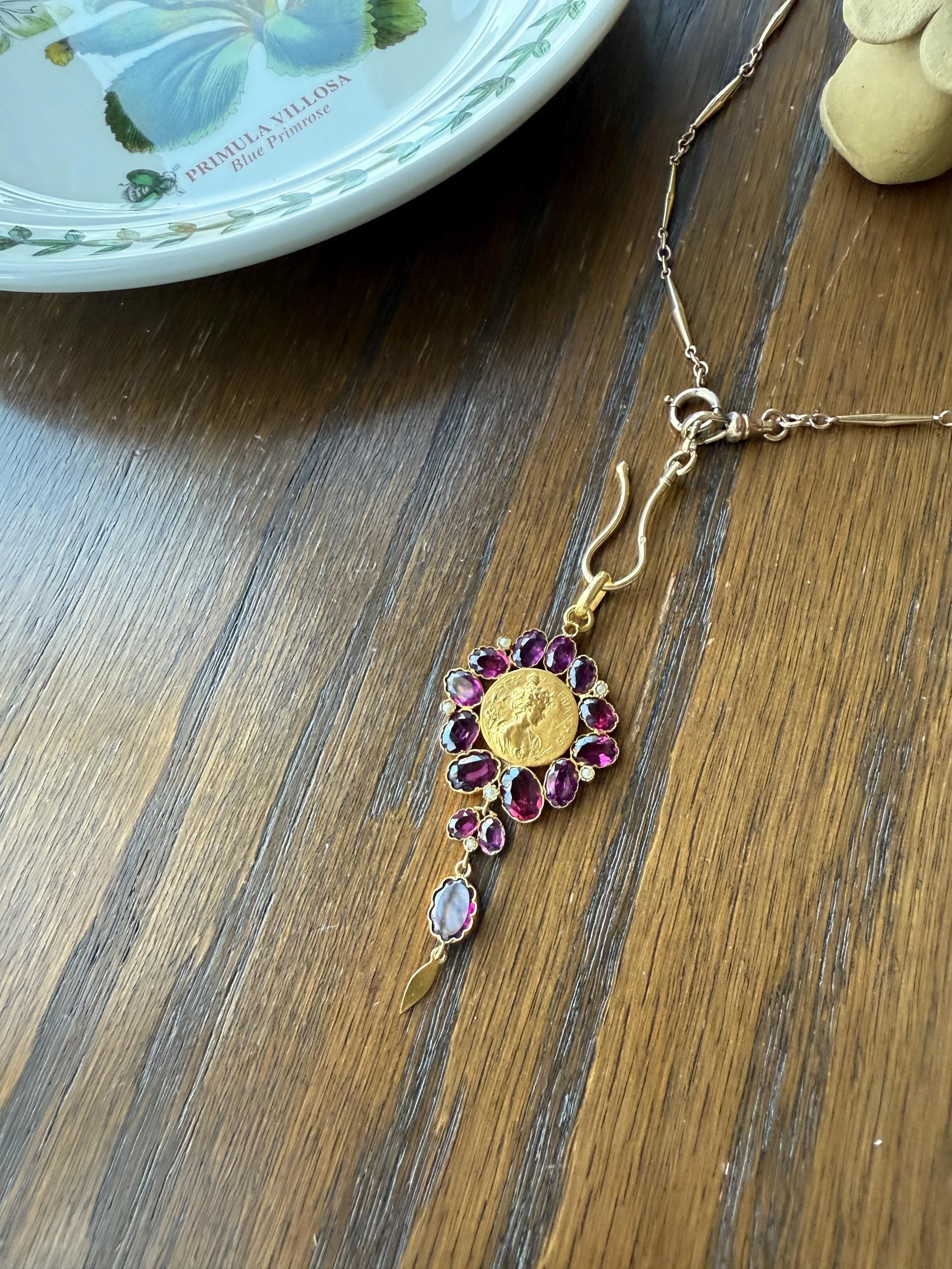 SPRING Floral Antique Purple Garnet Halo Art Nouveau Woman FRENCH 18k Gold Pendant FIGURAL Pearl Victorian Belle Epoque Lifelike - Image 18