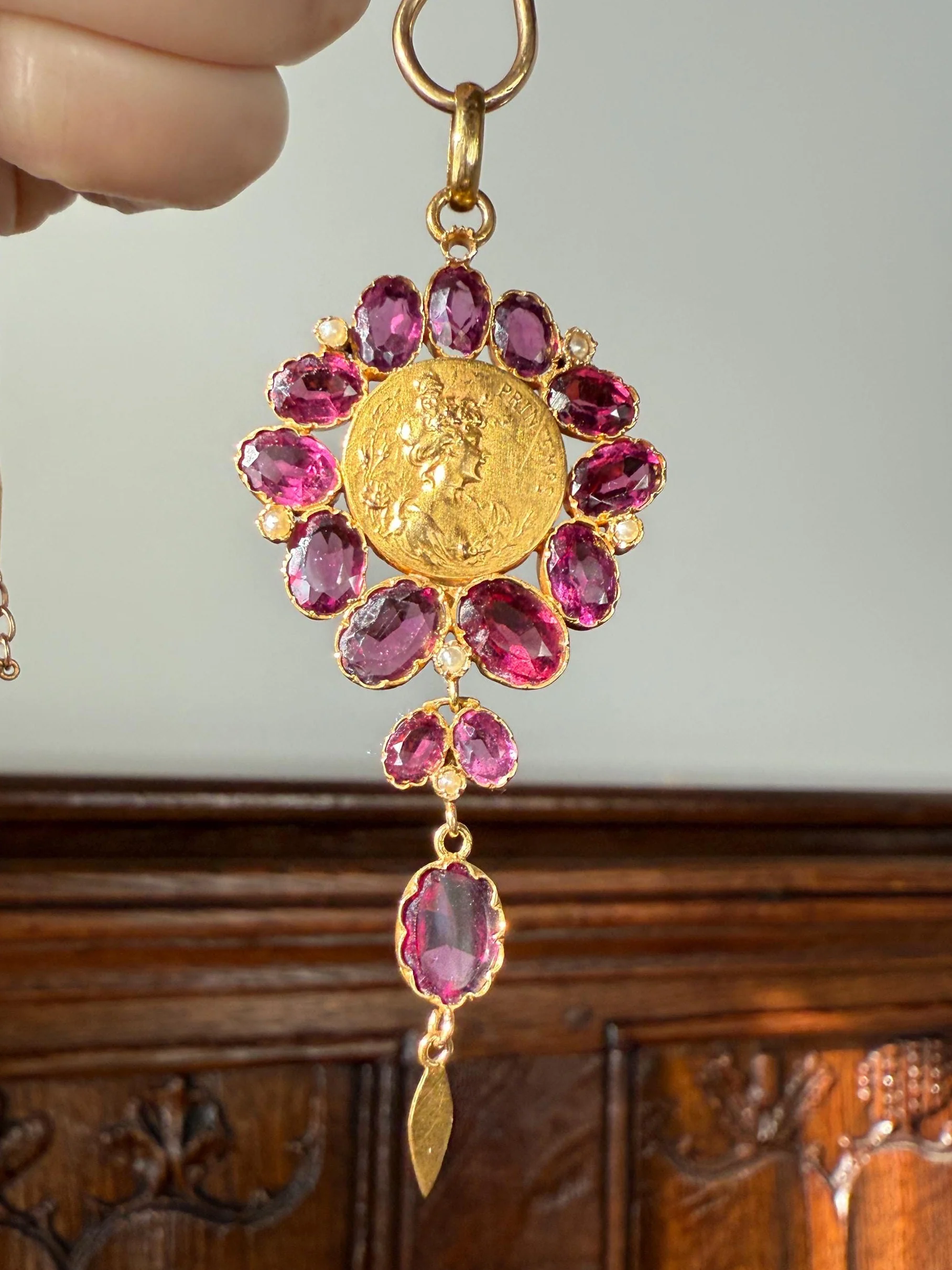 SPRING Floral Antique Purple Garnet Halo Art Nouveau Woman FRENCH 18k Gold Pendant FIGURAL Pearl Victorian Belle Epoque Lifelike - Image 2
