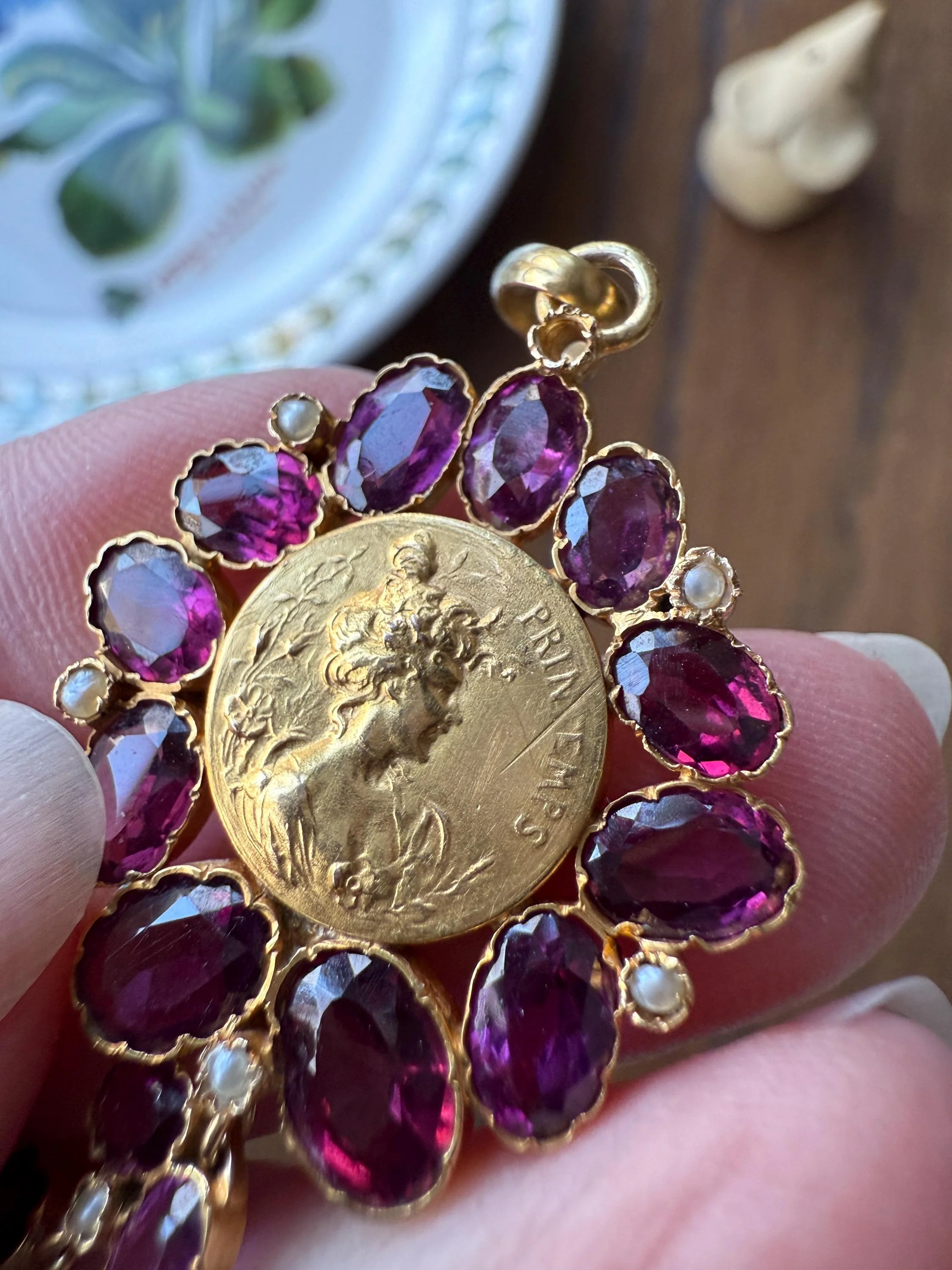 SPRING Floral Antique Purple Garnet Halo Art Nouveau Woman FRENCH 18k Gold Pendant FIGURAL Pearl Victorian Belle Epoque Lifelike - Image 20