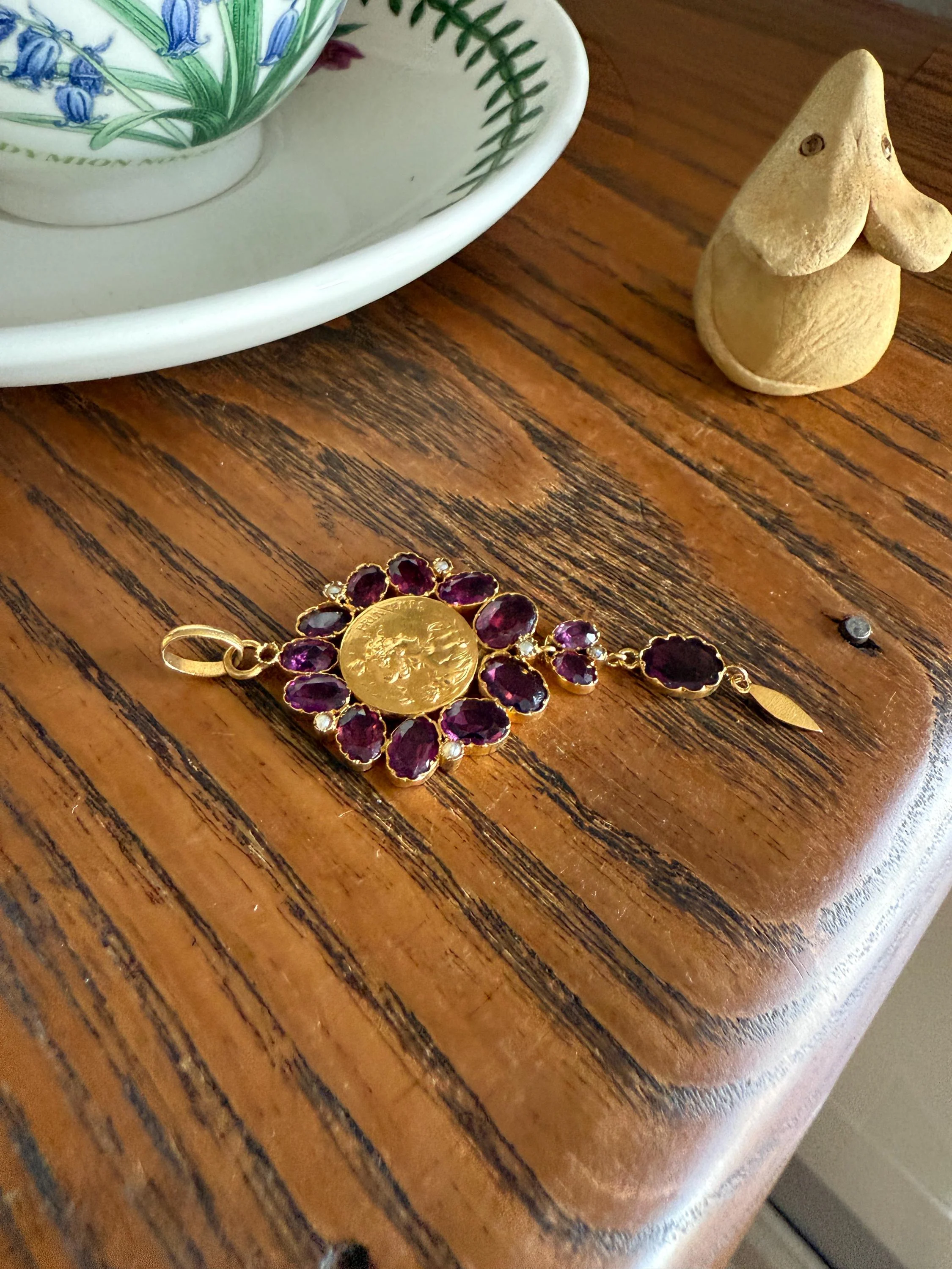 SPRING Floral Antique Purple Garnet Halo Art Nouveau Woman FRENCH 18k Gold Pendant FIGURAL Pearl Victorian Belle Epoque Lifelike - Image 22