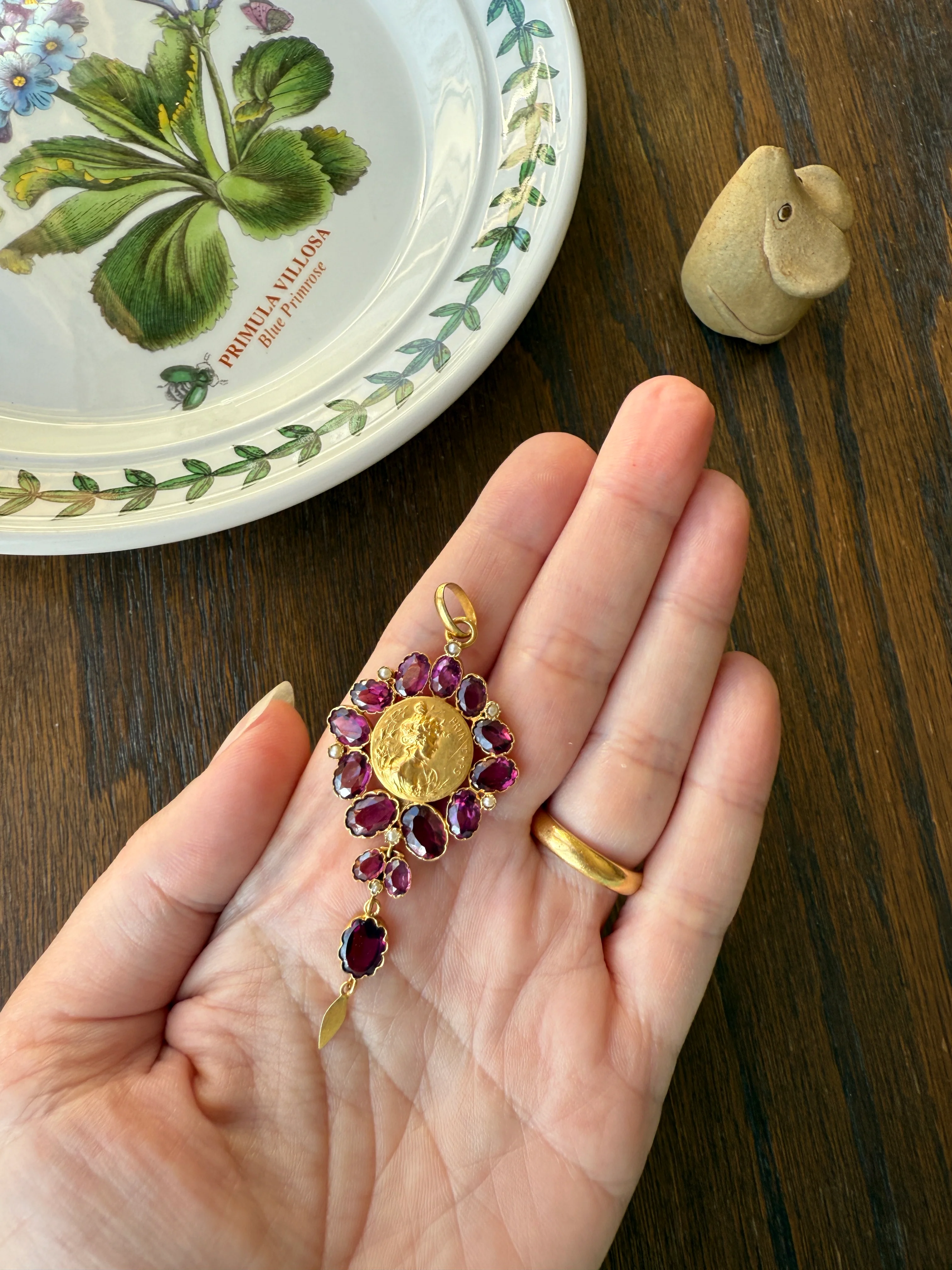 SPRING Floral Antique Purple Garnet Halo Art Nouveau Woman FRENCH 18k Gold Pendant FIGURAL Pearl Victorian Belle Epoque Lifelike - Image 3