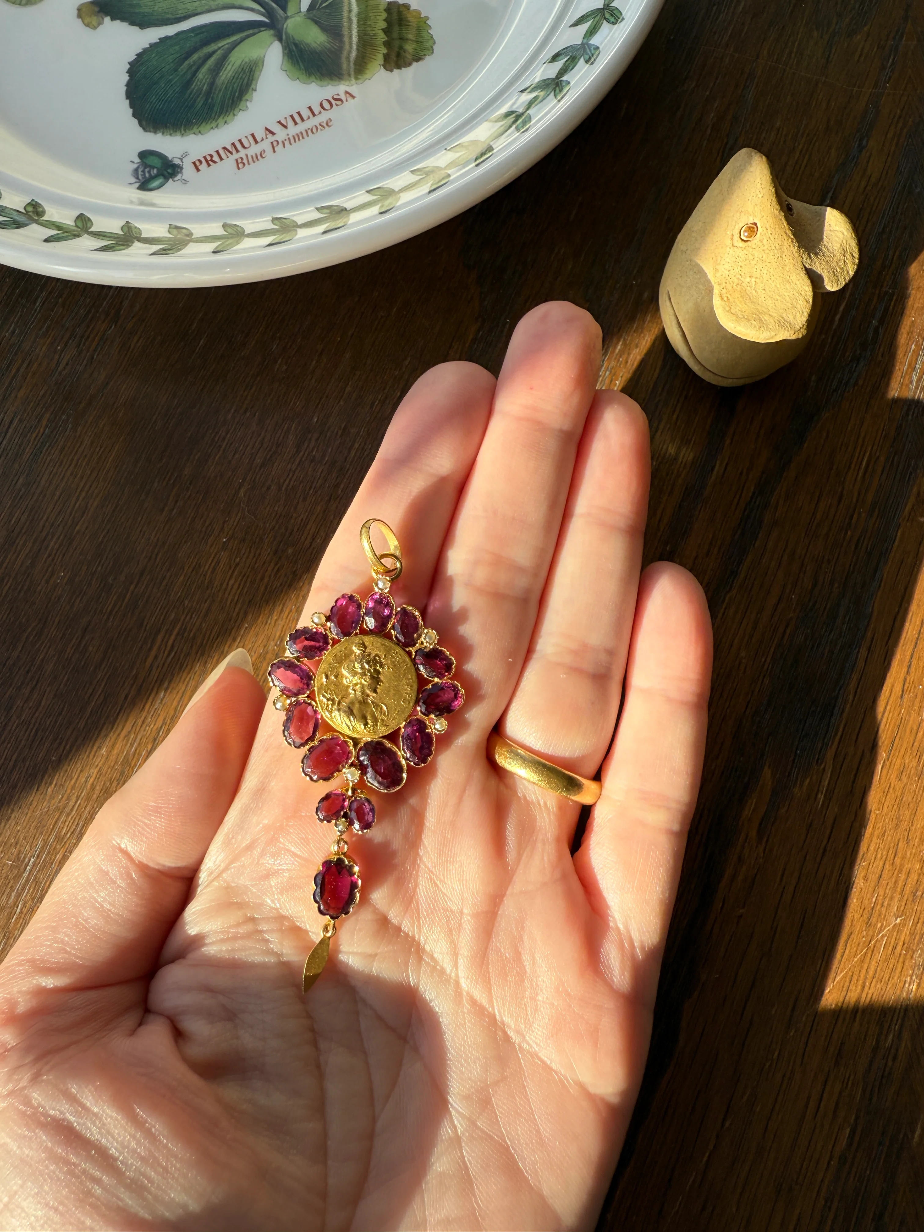 SPRING Floral Antique Purple Garnet Halo Art Nouveau Woman FRENCH 18k Gold Pendant FIGURAL Pearl Victorian Belle Epoque Lifelike - Image 4