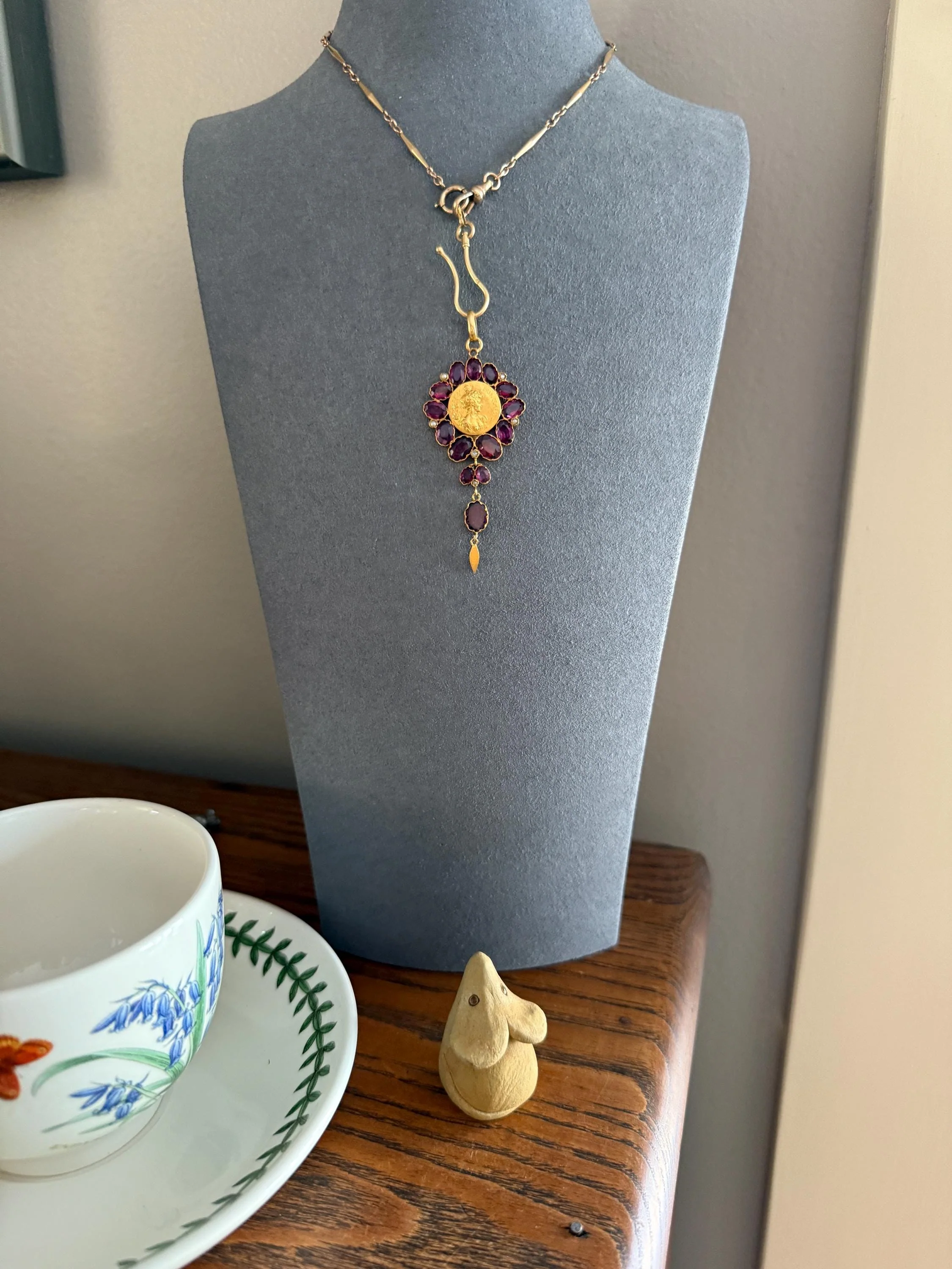 SPRING Floral Antique Purple Garnet Halo Art Nouveau Woman FRENCH 18k Gold Pendant FIGURAL Pearl Victorian Belle Epoque Lifelike - Image 5