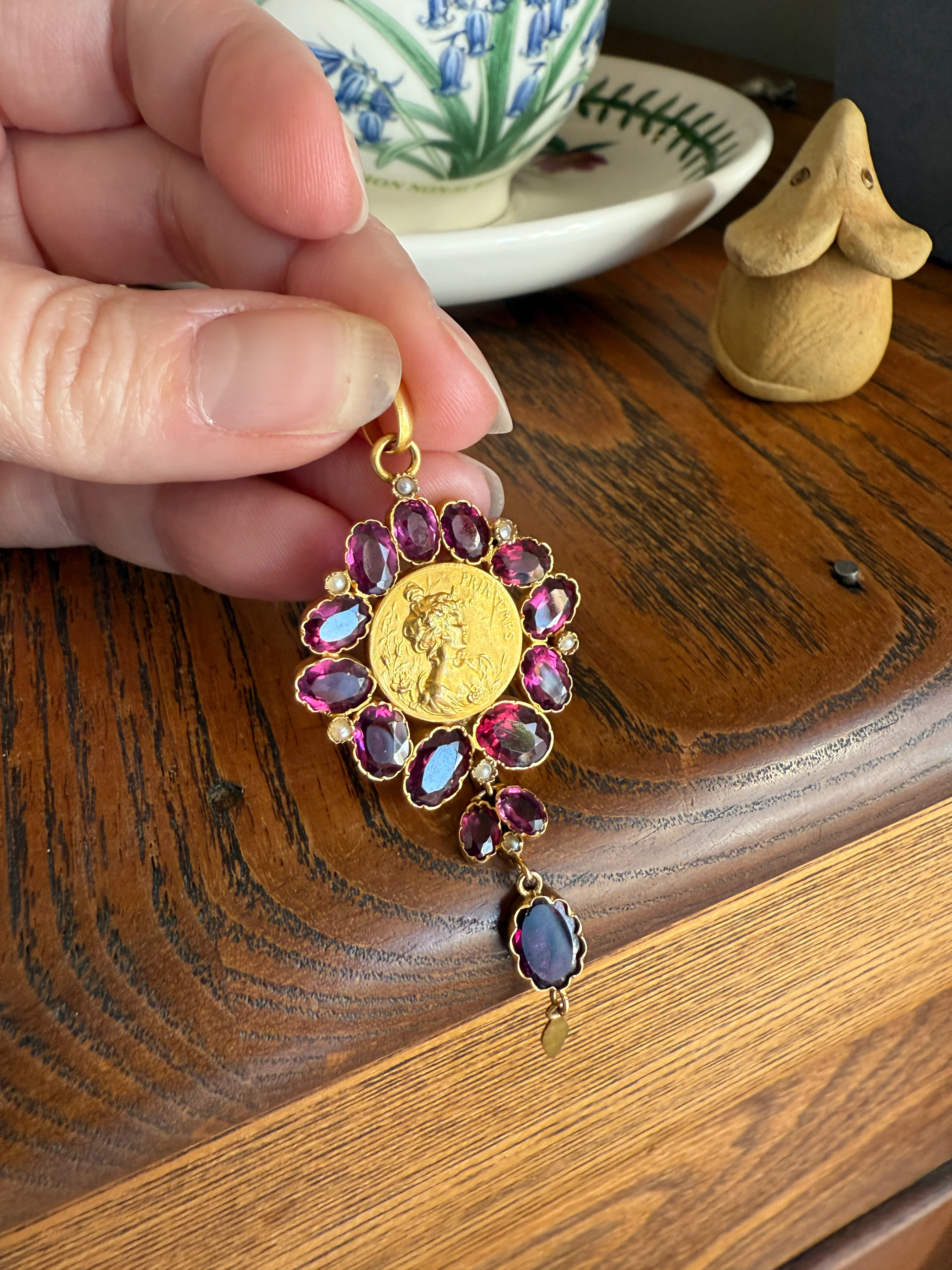 SPRING Floral Antique Purple Garnet Halo Art Nouveau Woman FRENCH 18k Gold Pendant FIGURAL Pearl Victorian Belle Epoque Lifelike - Image 6