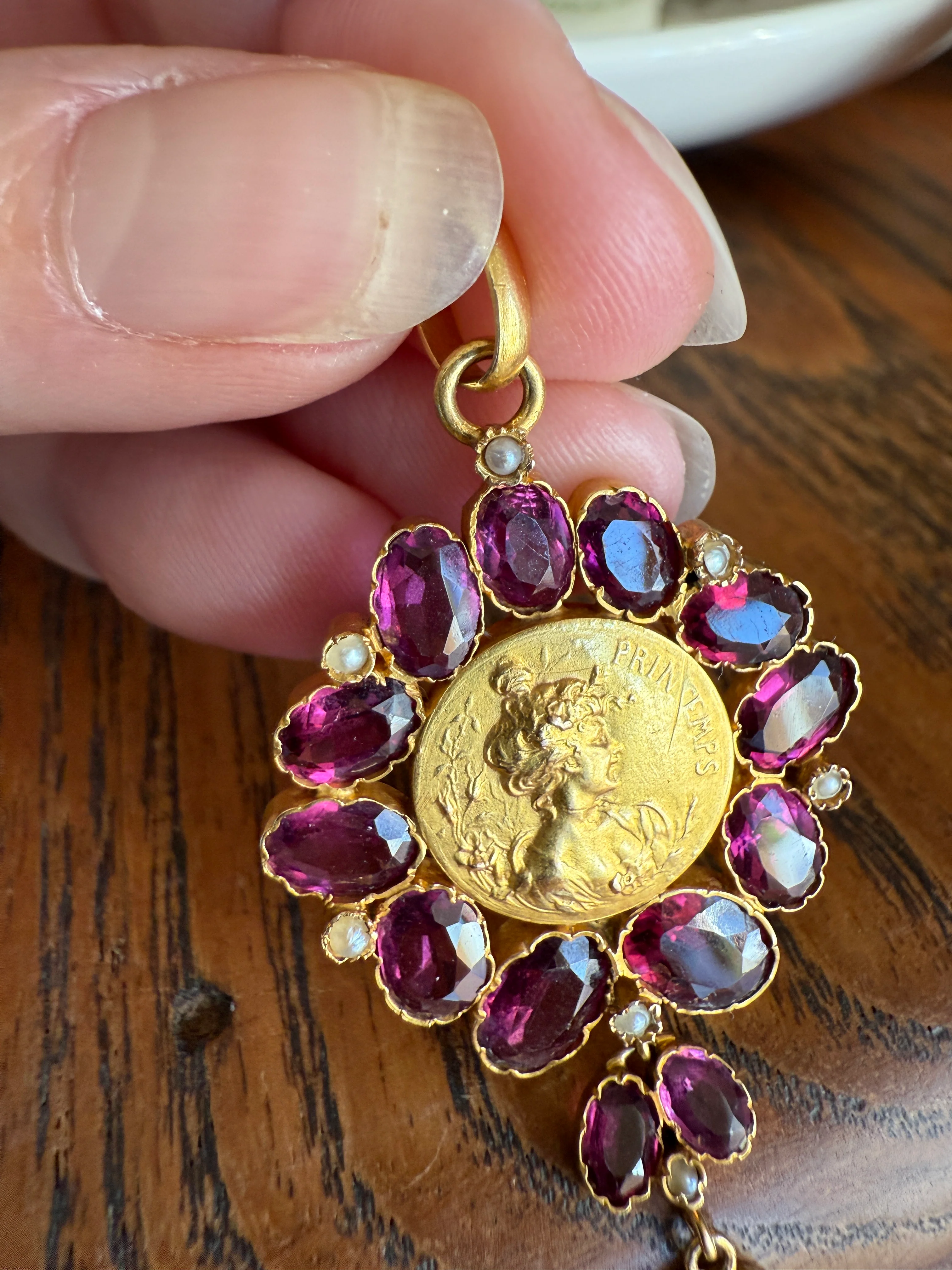 SPRING Floral Antique Purple Garnet Halo Art Nouveau Woman FRENCH 18k Gold Pendant FIGURAL Pearl Victorian Belle Epoque Lifelike - Image 7