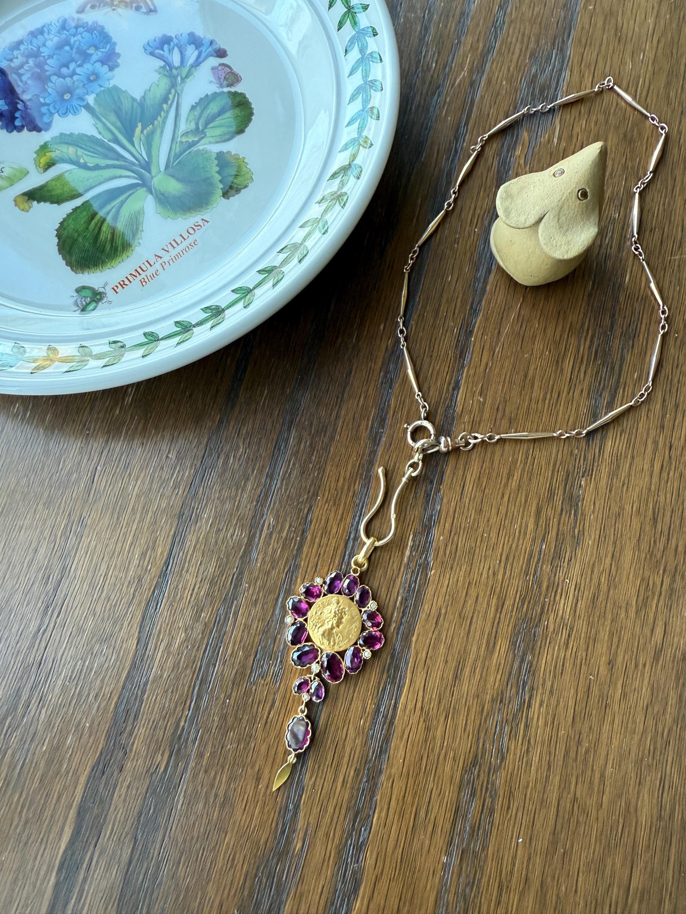 SPRING Floral Antique Purple Garnet Halo Art Nouveau Woman FRENCH 18k Gold Pendant FIGURAL Pearl Victorian Belle Epoque Lifelike - Image 9