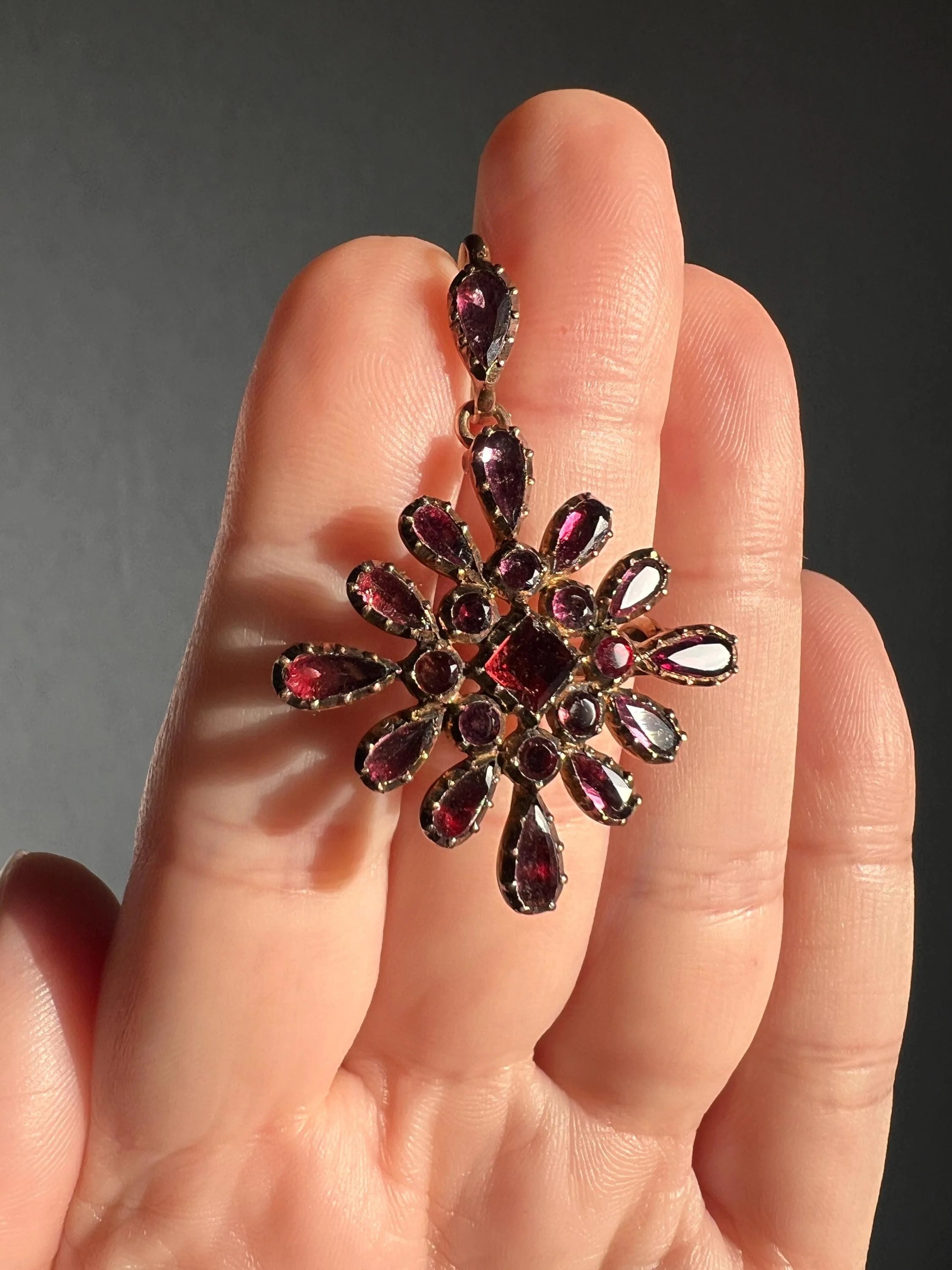 Square Large Georgian Era Foiled Flat Cut GARNET Pendant Rose Cut Pear Teardrop 12k Gold Glowing Purple Red Necklace - Image 3