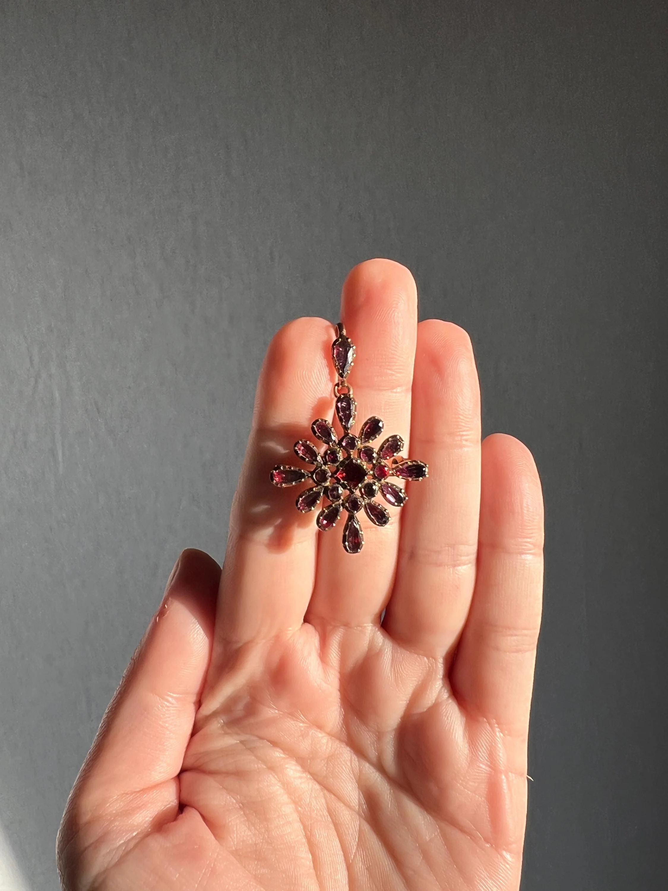 Square Large Georgian Era Foiled Flat Cut GARNET Pendant Rose Cut Pear Teardrop 12k Gold Glowing Purple Red Necklace - Image 4