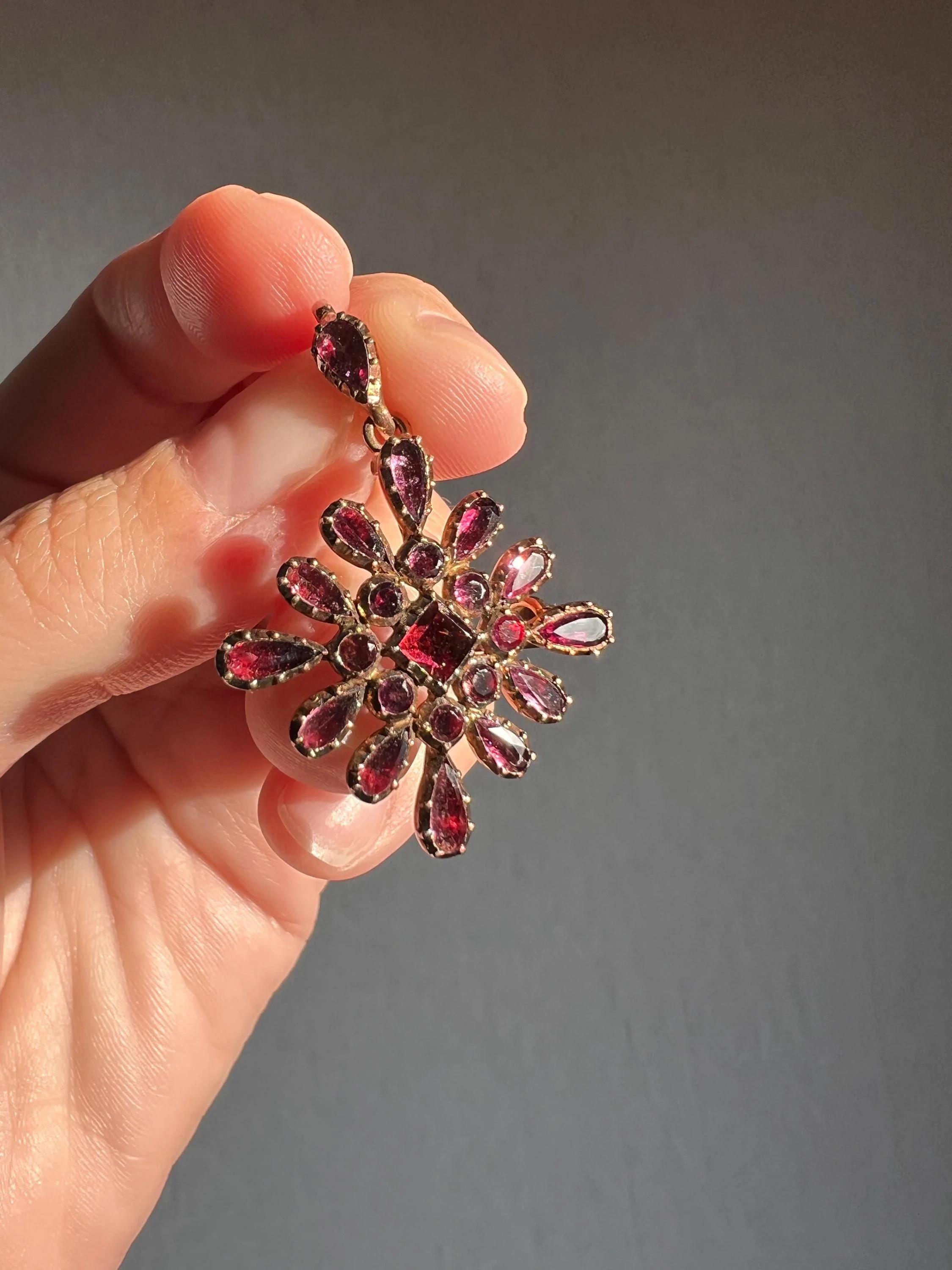 Square Large Georgian Era Foiled Flat Cut GARNET Pendant Rose Cut Pear Teardrop 12k Gold Glowing Purple Red Necklace - Image 5