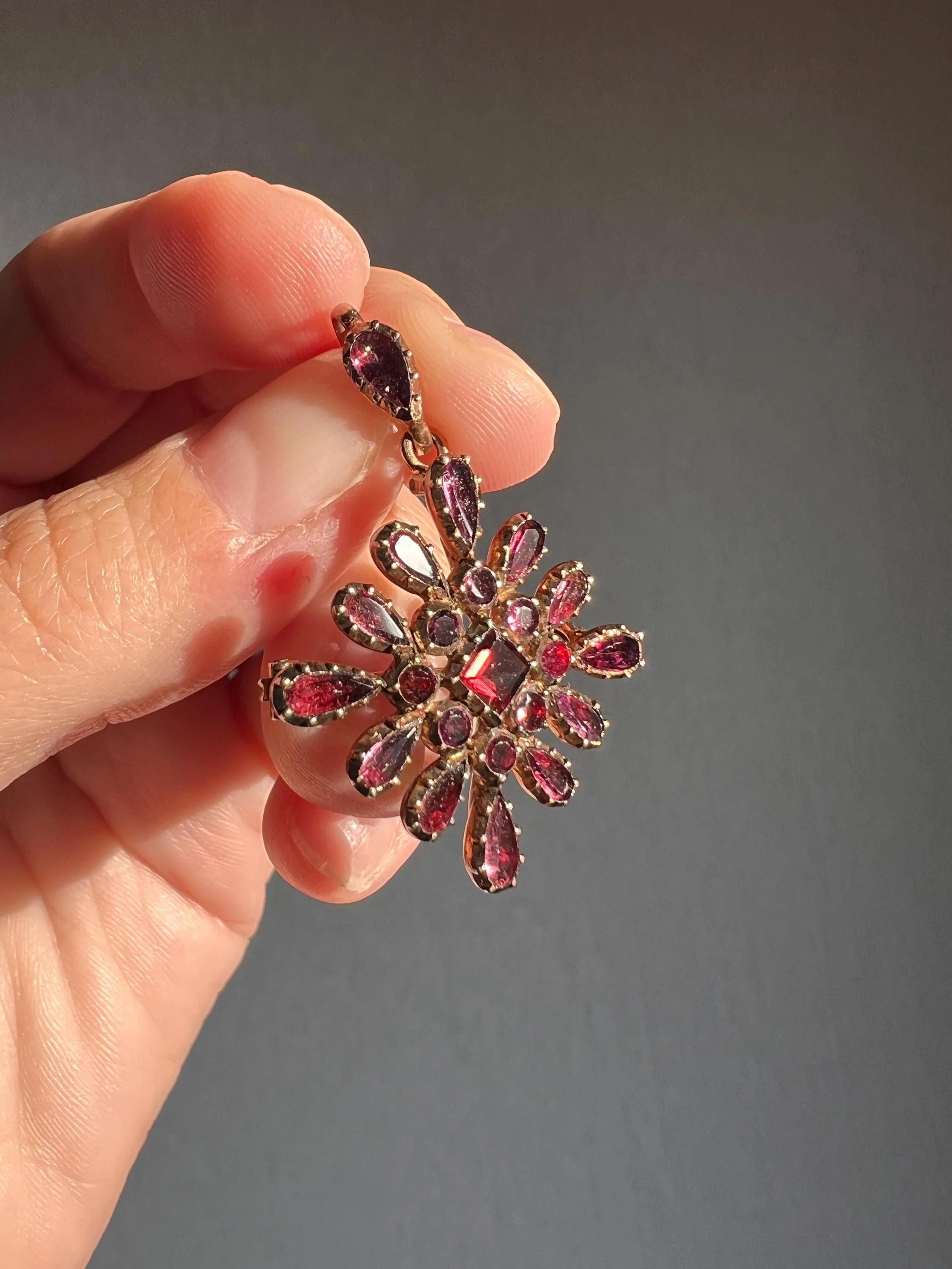 Square Large Georgian Era Foiled Flat Cut GARNET Pendant Rose Cut Pear Teardrop 12k Gold Glowing Purple Red Necklace - Image 6