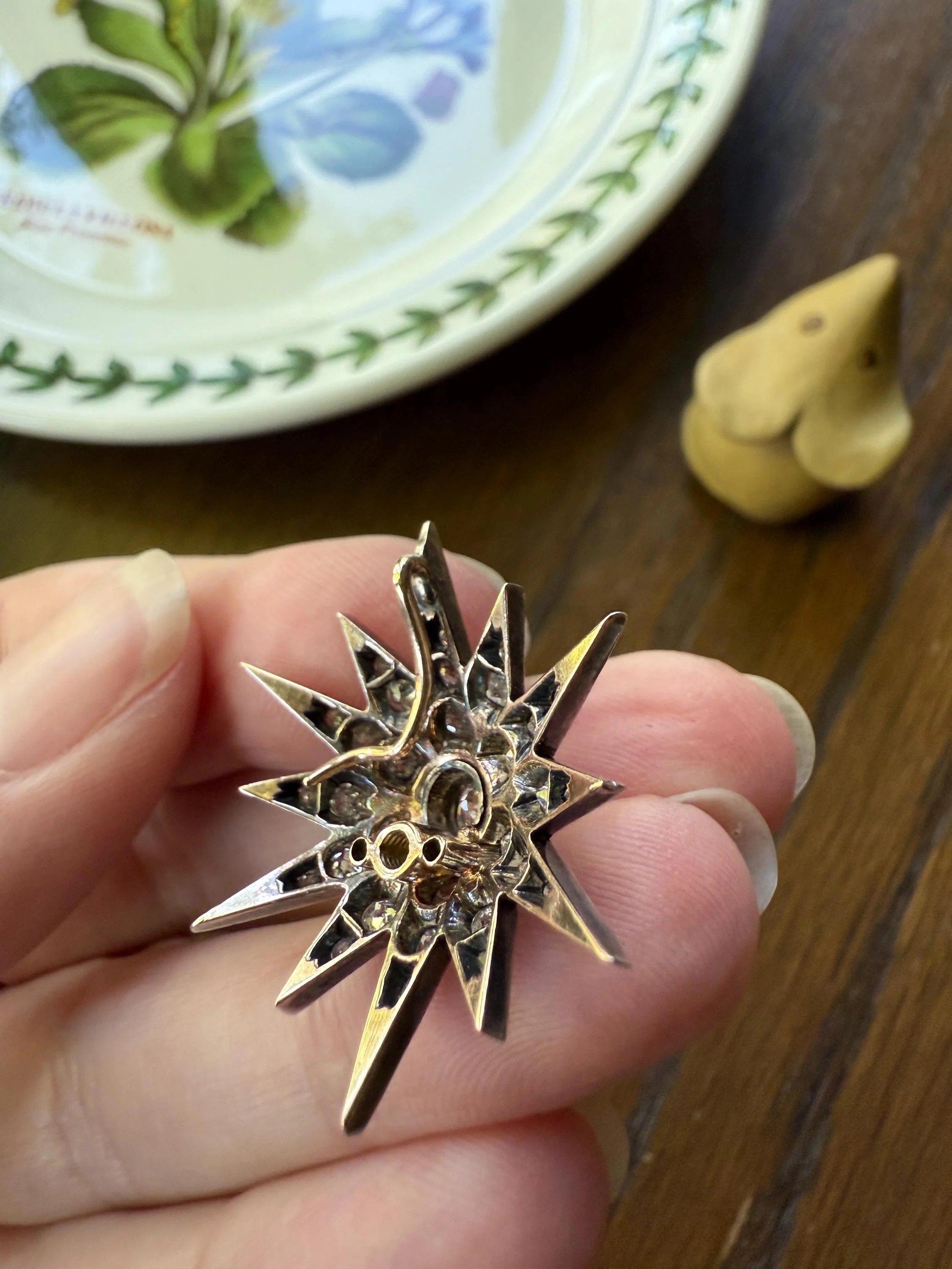 STAR Antique CONVERTIBLE Pendant Hair Pin Brooch BOXED 1 1/4 Carat Old Mine Cut Diamond Cluster 14k Gold Silver Victorian Gift Bridal 1.25Ct - Image 10