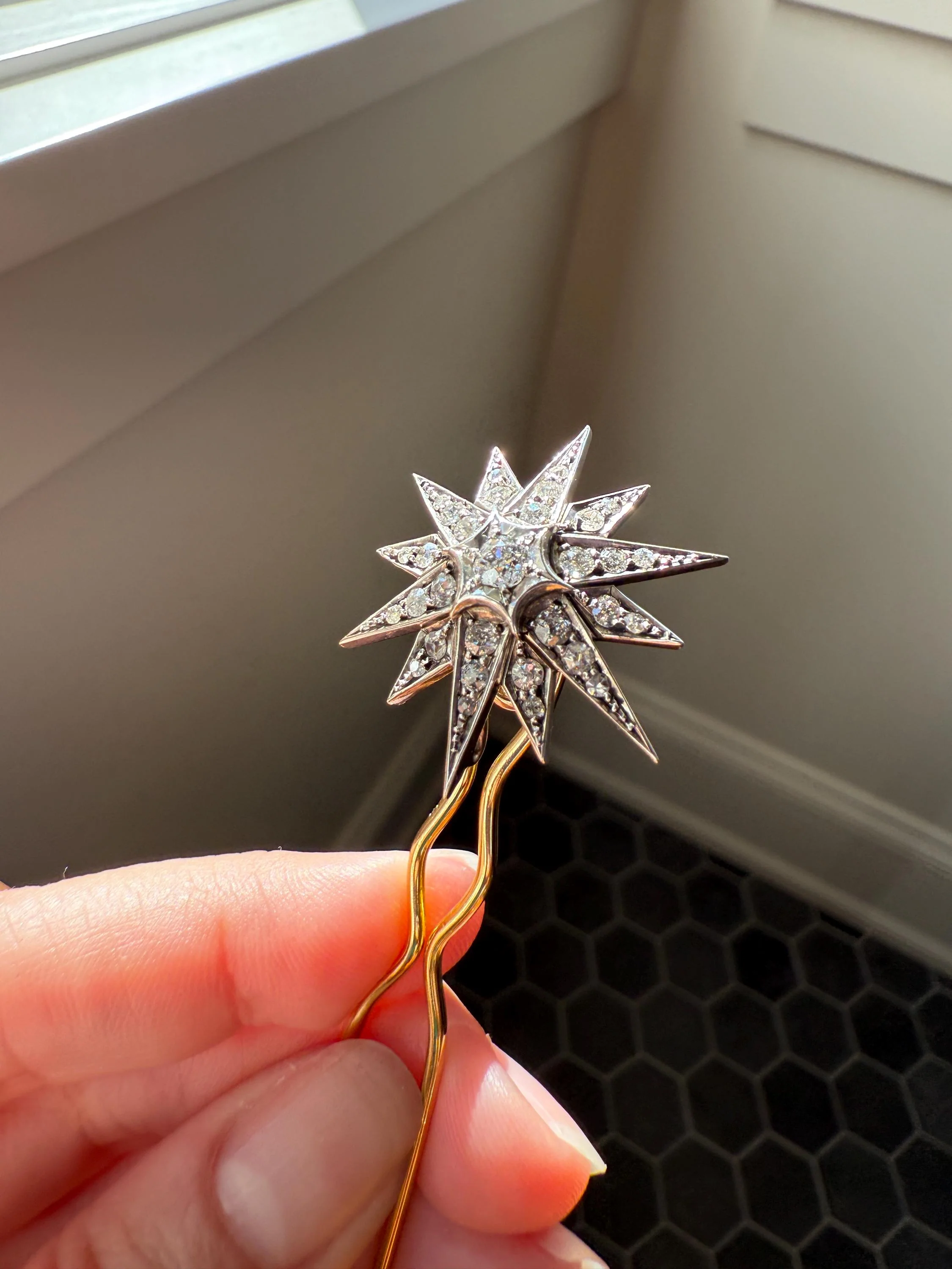 STAR Antique CONVERTIBLE Pendant Hair Pin Brooch BOXED 1 1/4 Carat Old Mine Cut Diamond Cluster 14k Gold Silver Victorian Gift Bridal 1.25Ct - Image 12