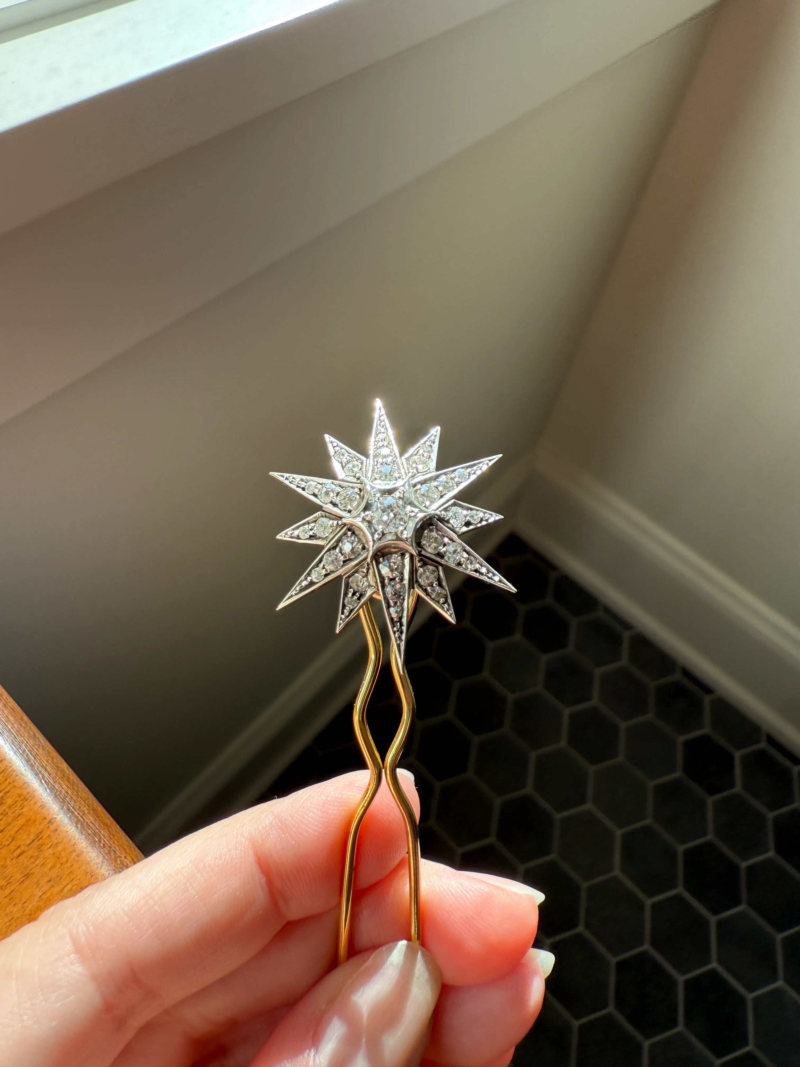 STAR Antique CONVERTIBLE Pendant Hair Pin Brooch BOXED 1 1/4 Carat Old Mine Cut Diamond Cluster 14k Gold Silver Victorian Gift Bridal 1.25Ct - Image 13