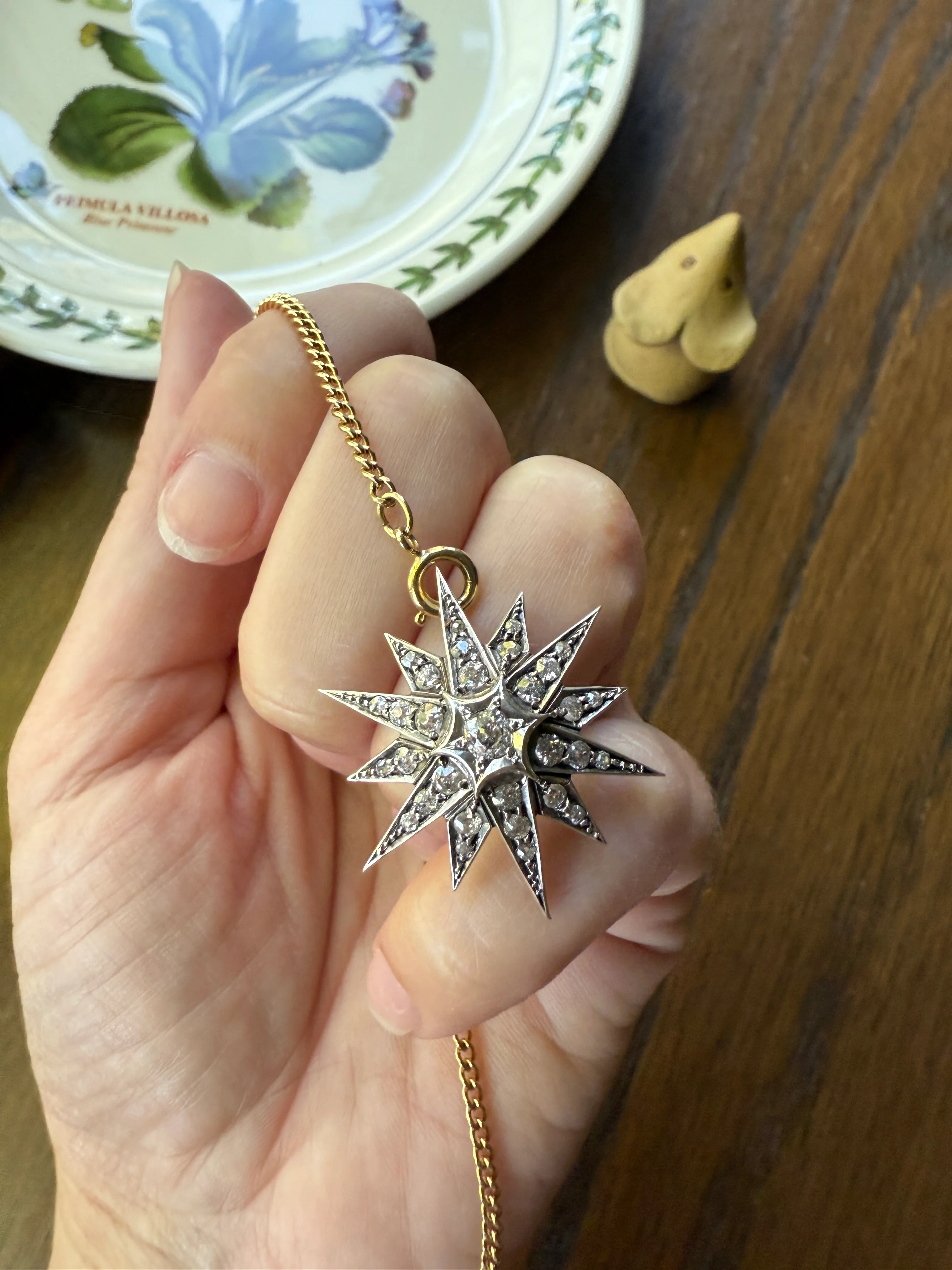 STAR Antique CONVERTIBLE Pendant Hair Pin Brooch BOXED 1 1/4 Carat Old Mine Cut Diamond Cluster 14k Gold Silver Victorian Gift Bridal 1.25Ct - Image 6
