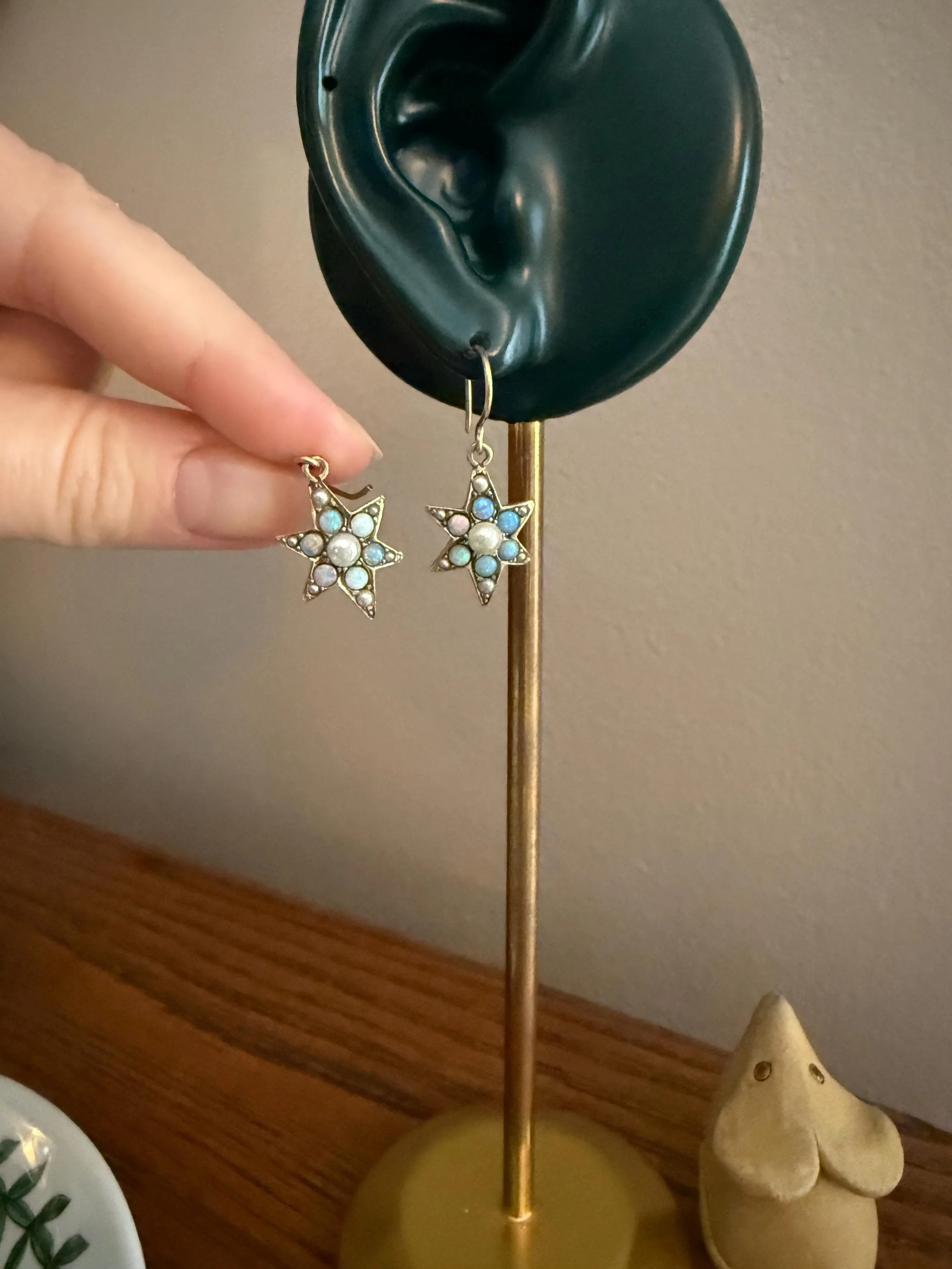 STAR Blue OPAL Pearl Beads Dangle Earrings Cluster Antique Victorian Iridescent Figural Celestial - Image 2