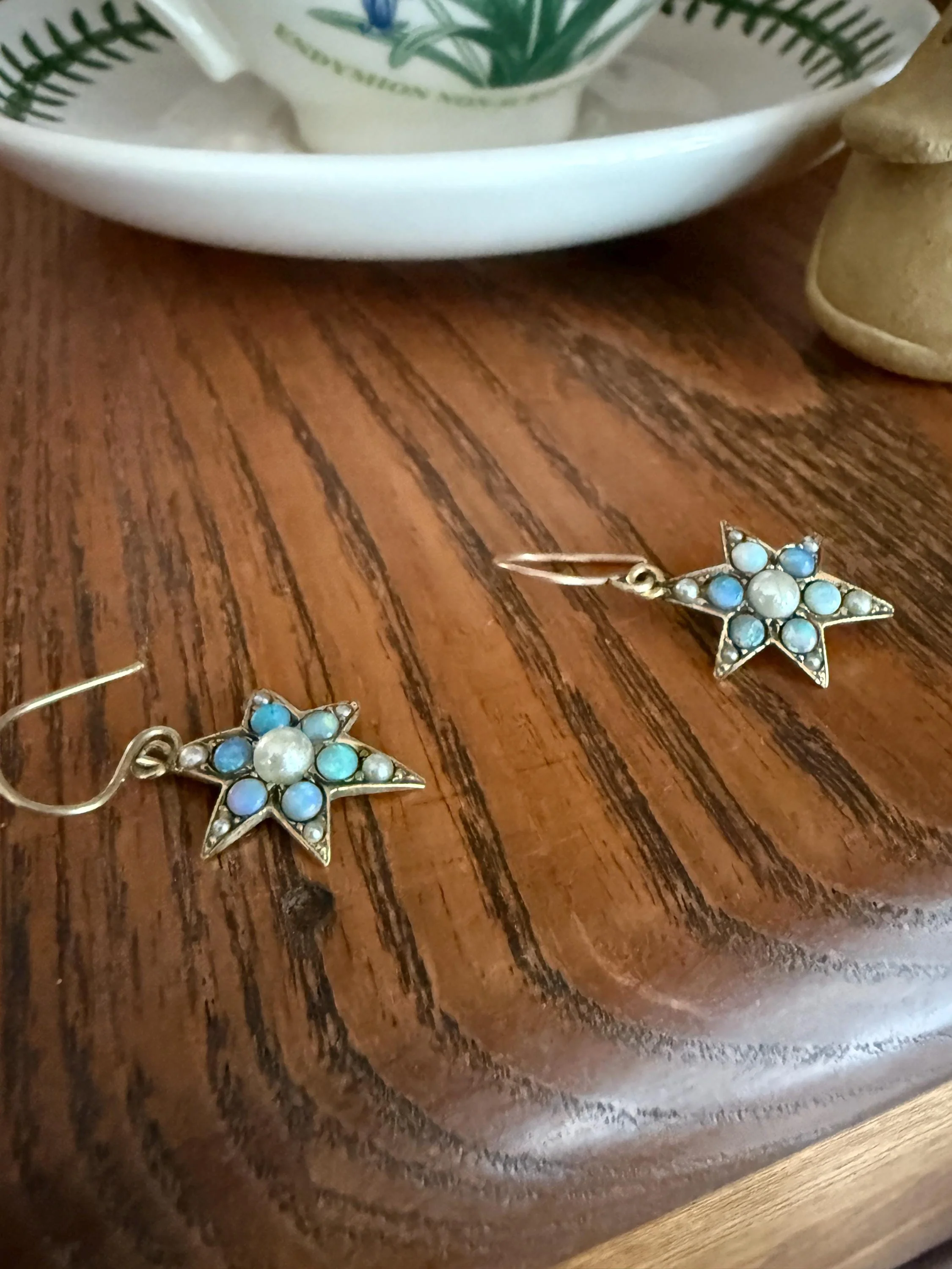 STAR Blue OPAL Pearl Beads Dangle Earrings Cluster Antique Victorian Iridescent Figural Celestial - Image 4