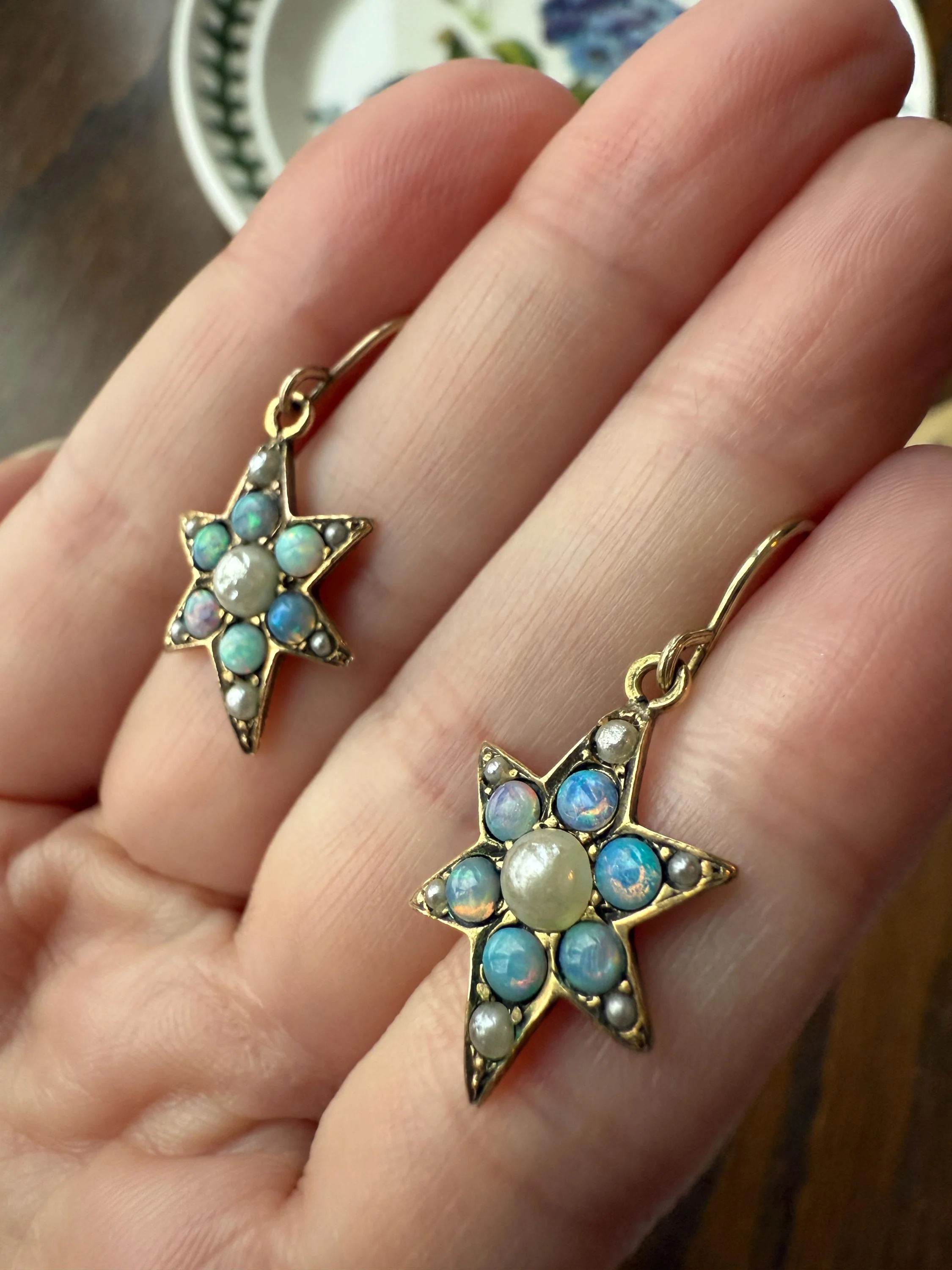 STAR Blue OPAL Pearl Beads Dangle Earrings Cluster Antique Victorian Iridescent Figural Celestial - Image 6