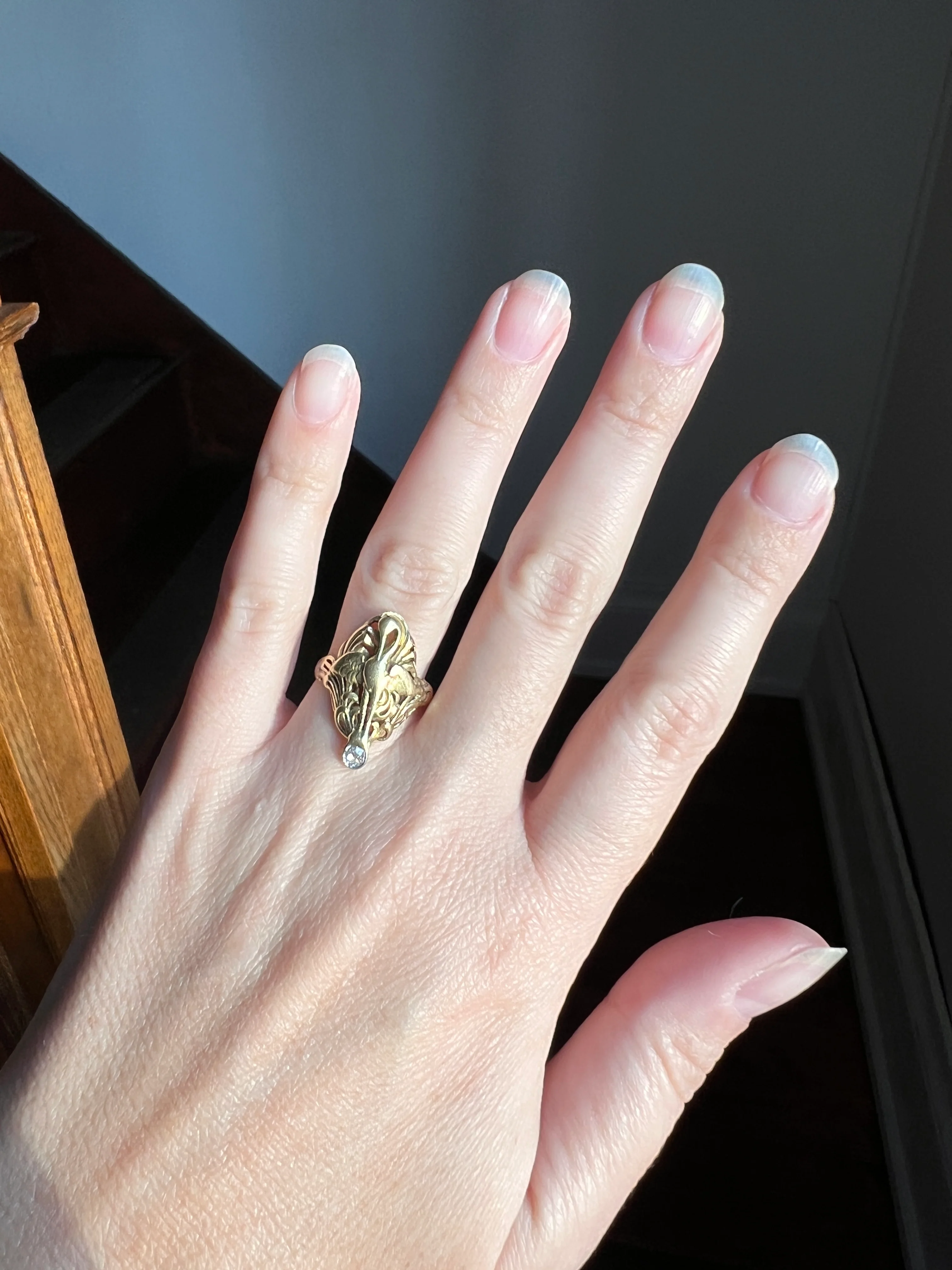 SWAN French ANTIQUE Special Art Nouveau Old Mine Cut DIAMOND 18k Gold Platinum Ring Figural - Image 14