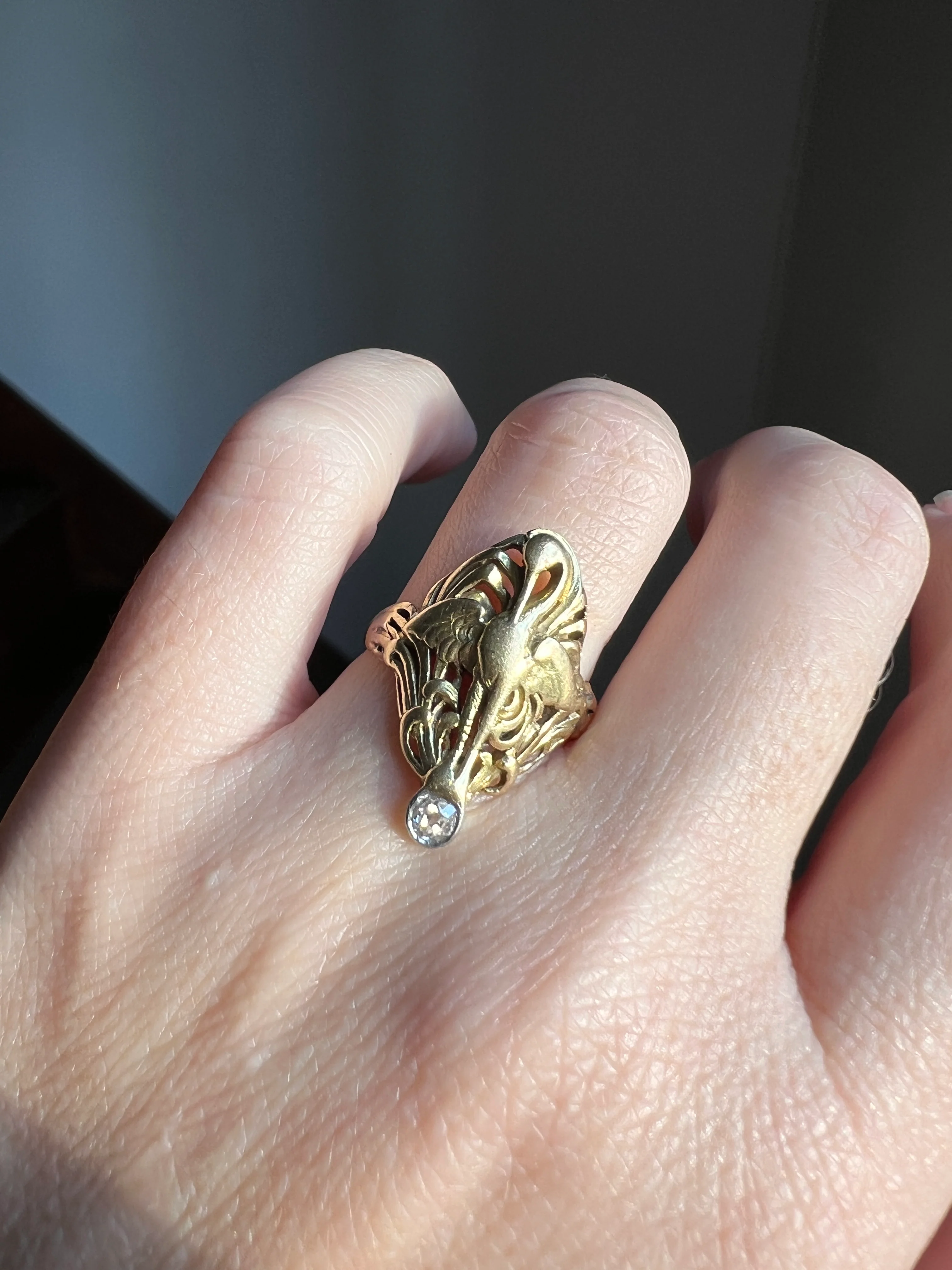 SWAN French ANTIQUE Special Art Nouveau Old Mine Cut DIAMOND 18k Gold Platinum Ring Figural - Image 15