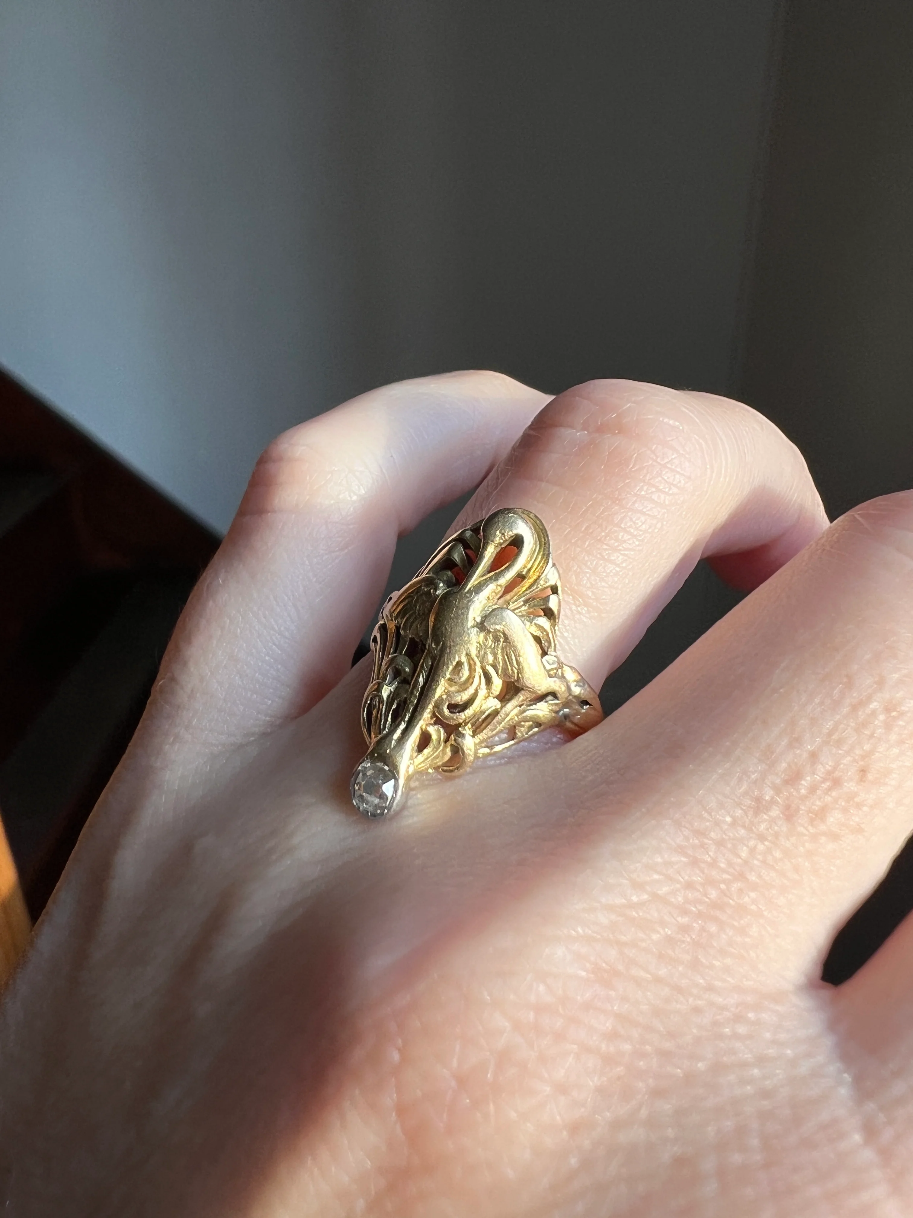 SWAN French ANTIQUE Special Art Nouveau Old Mine Cut DIAMOND 18k Gold Platinum Ring Figural - Image 16