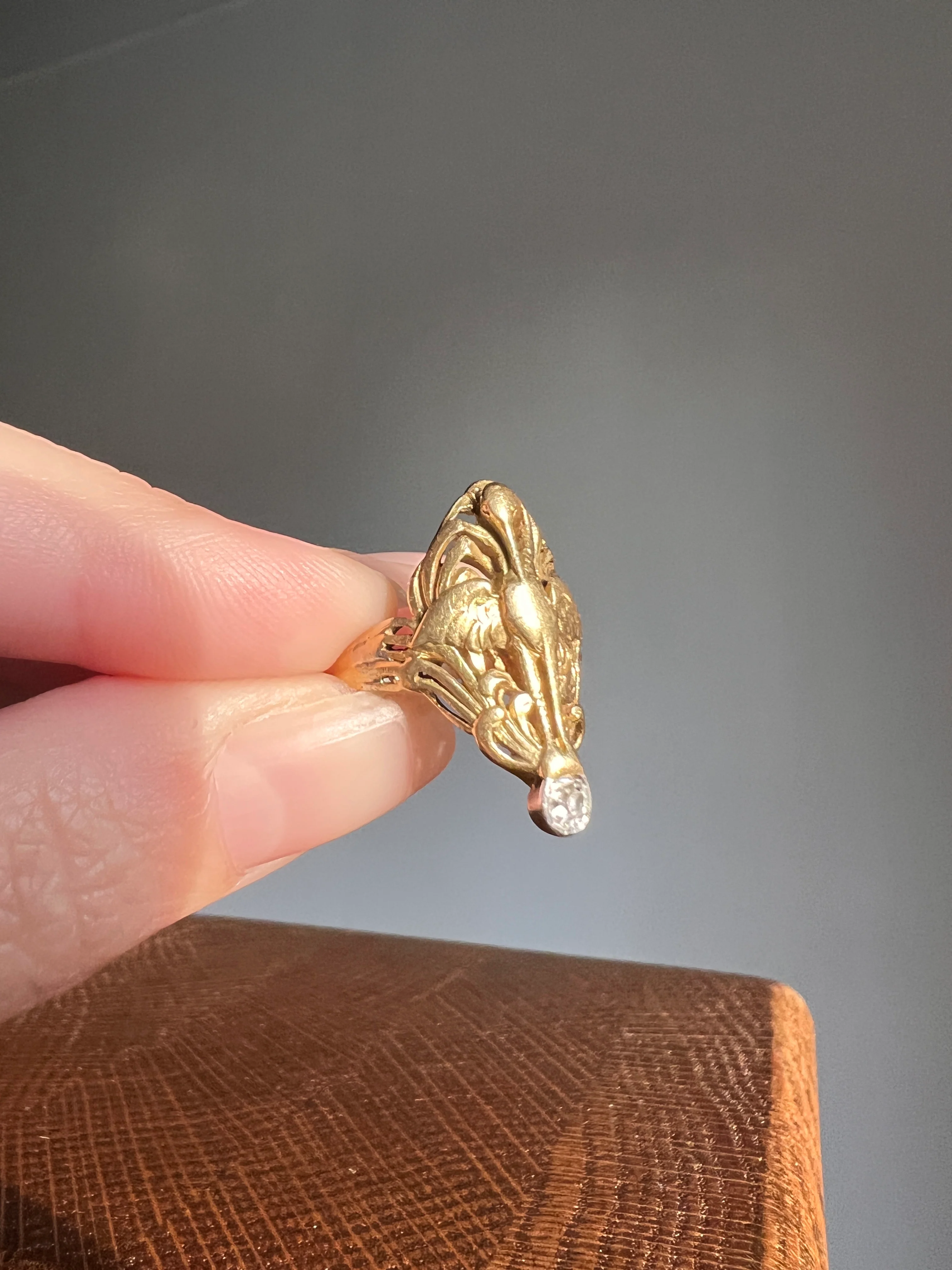 SWAN French ANTIQUE Special Art Nouveau Old Mine Cut DIAMOND 18k Gold Platinum Ring Figural - Image 18