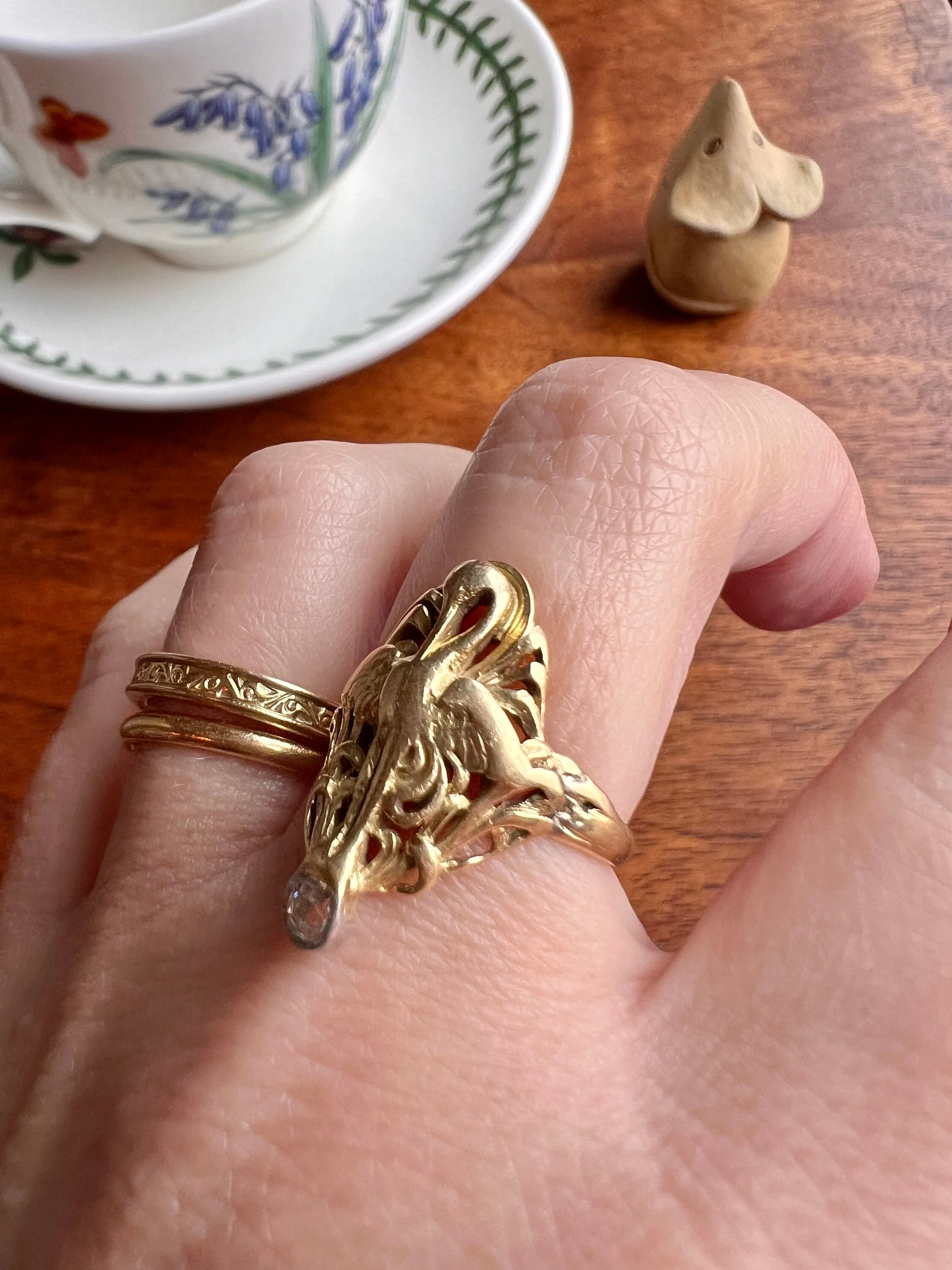 SWAN French ANTIQUE Special Art Nouveau Old Mine Cut DIAMOND 18k Gold Platinum Ring Figural - Image 4