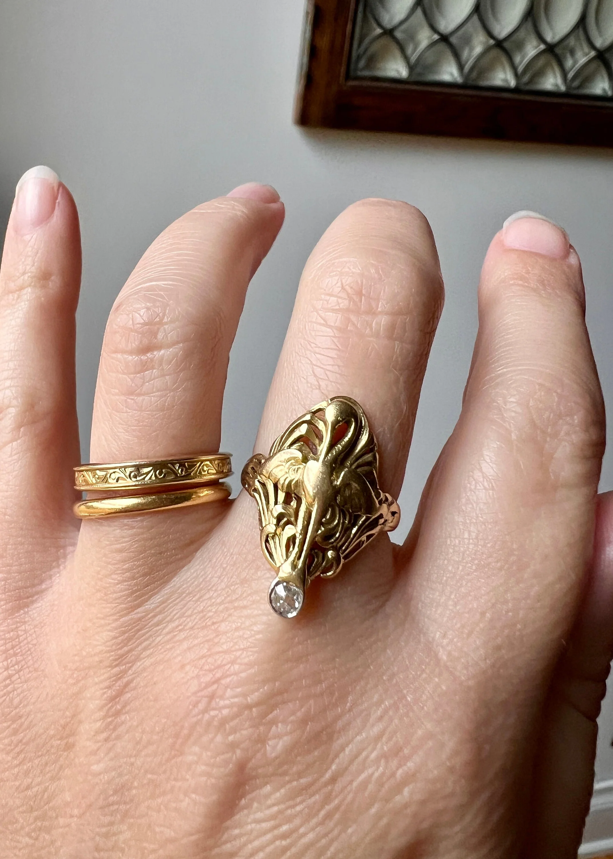SWAN French ANTIQUE Special Art Nouveau Old Mine Cut DIAMOND 18k Gold Platinum Ring Figural - Image 5