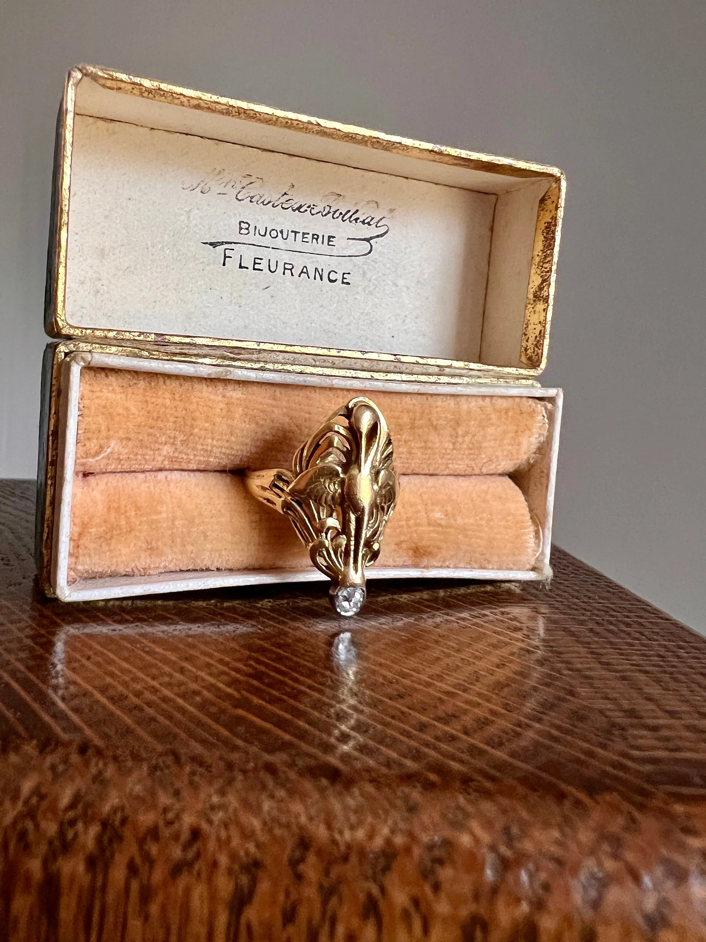 SWAN French ANTIQUE Special Art Nouveau Old Mine Cut DIAMOND 18k Gold Platinum Ring Figural - Image 6