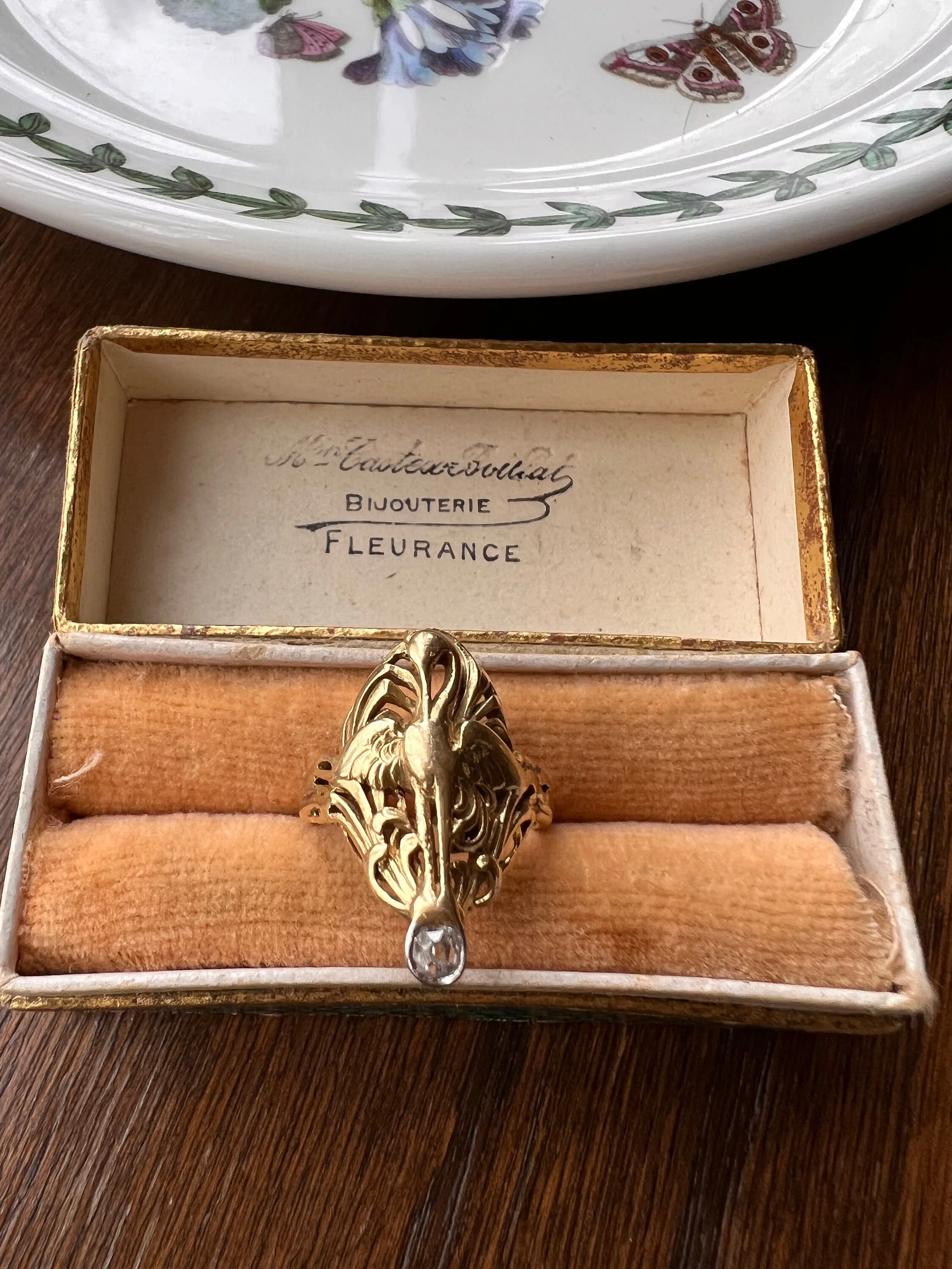 SWAN French ANTIQUE Special Art Nouveau Old Mine Cut DIAMOND 18k Gold Platinum Ring Figural - Image 7