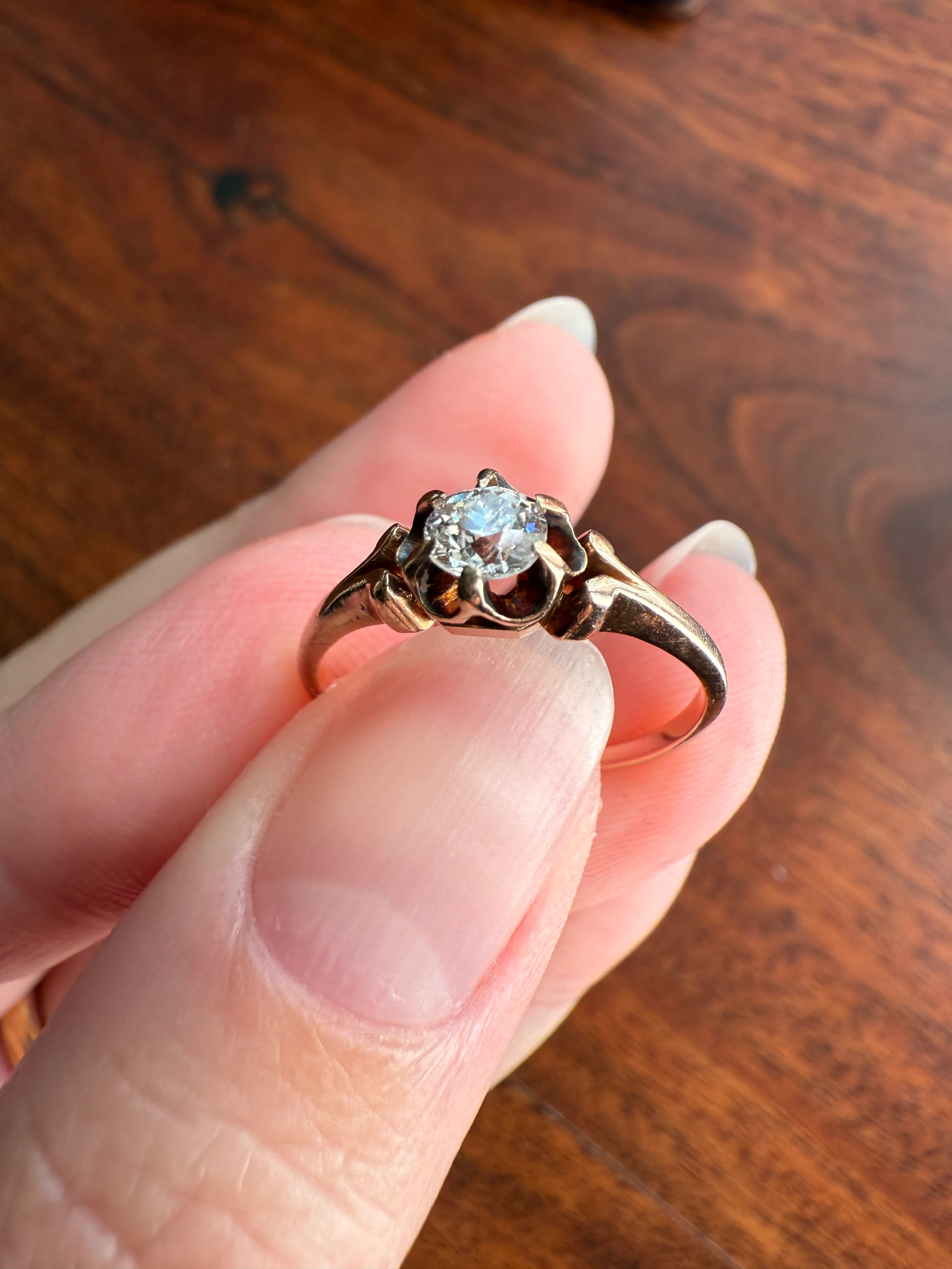 SWEETIE Victorian Antique Old European Cut DIAMOND Solitaire Engagement Wedding Buttercup Ring 14k Gold - Image 10