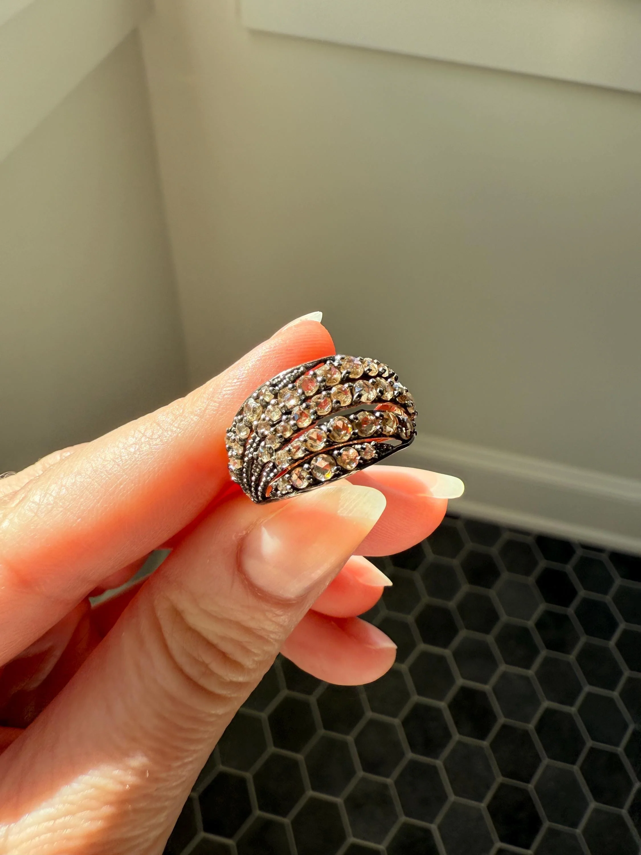 Swirl Wide Band Champagne Natural Rose Cut Diamond Vintage 9k Gold Solid Ring Stacker Linear Swoosh - Image 10