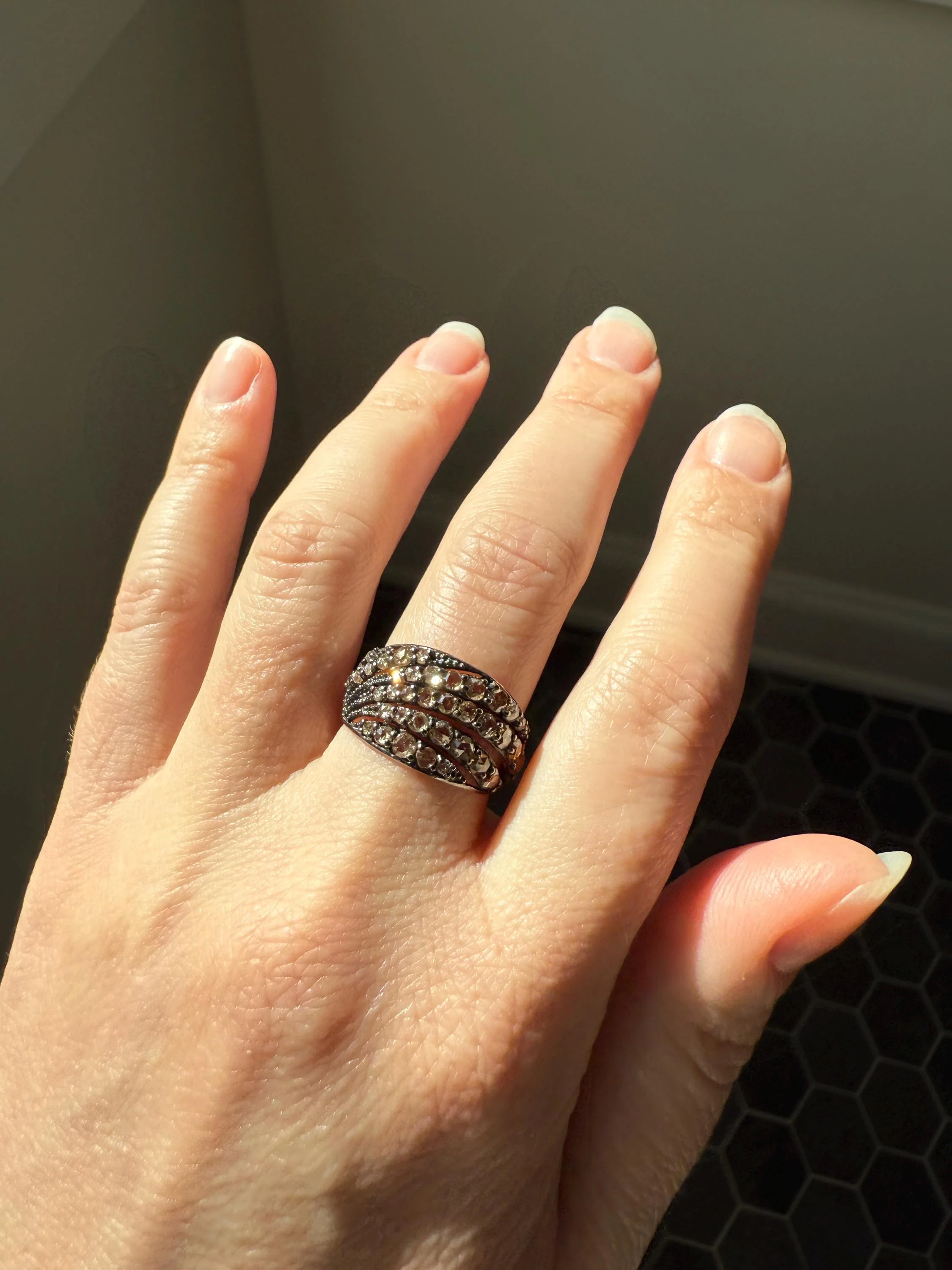 Swirl Wide Band Champagne Natural Rose Cut Diamond Vintage 9k Gold Solid Ring Stacker Linear Swoosh - Image 11