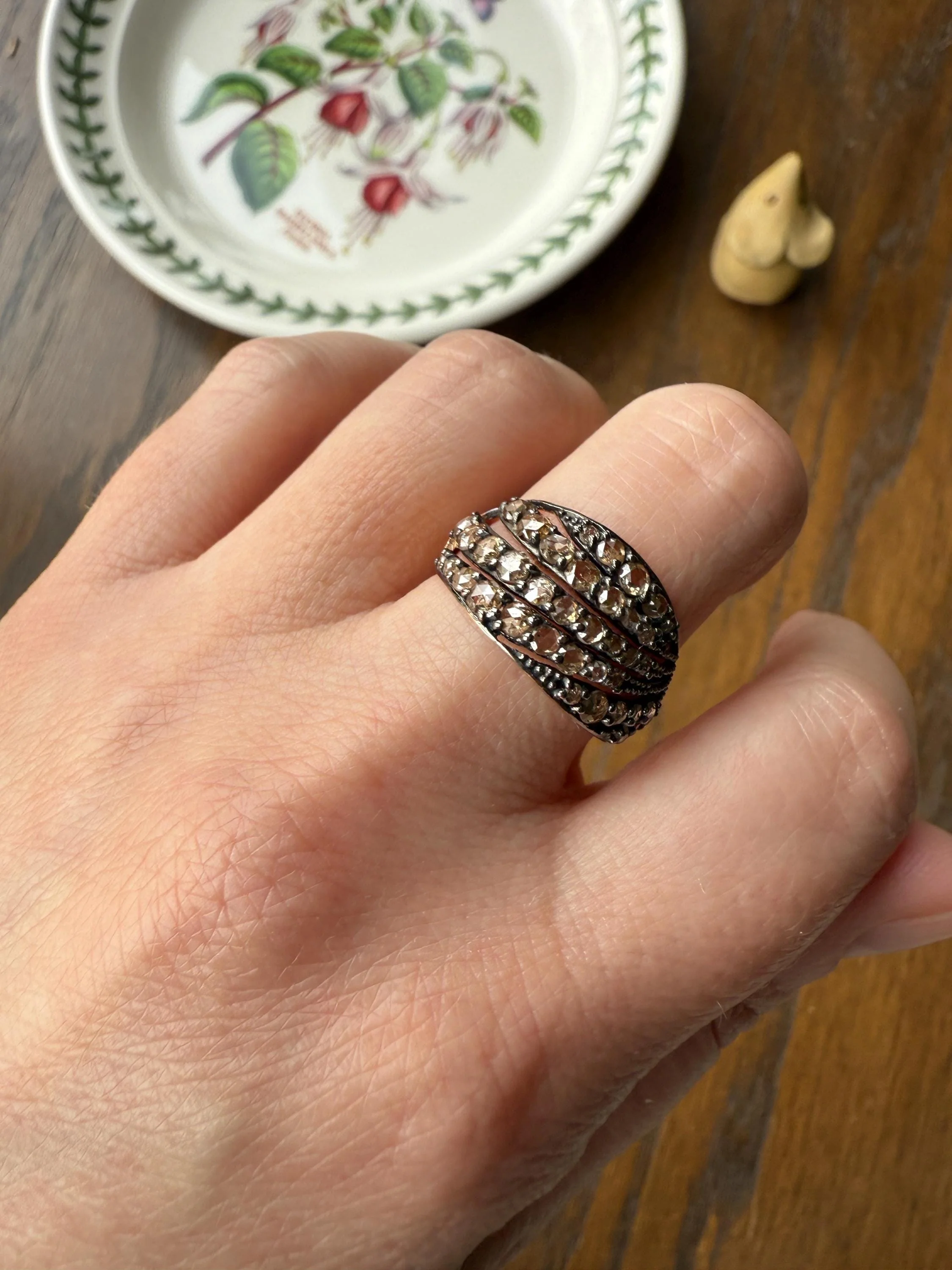 Swirl Wide Band Champagne Natural Rose Cut Diamond Vintage 9k Gold Solid Ring Stacker Linear Swoosh - Image 12